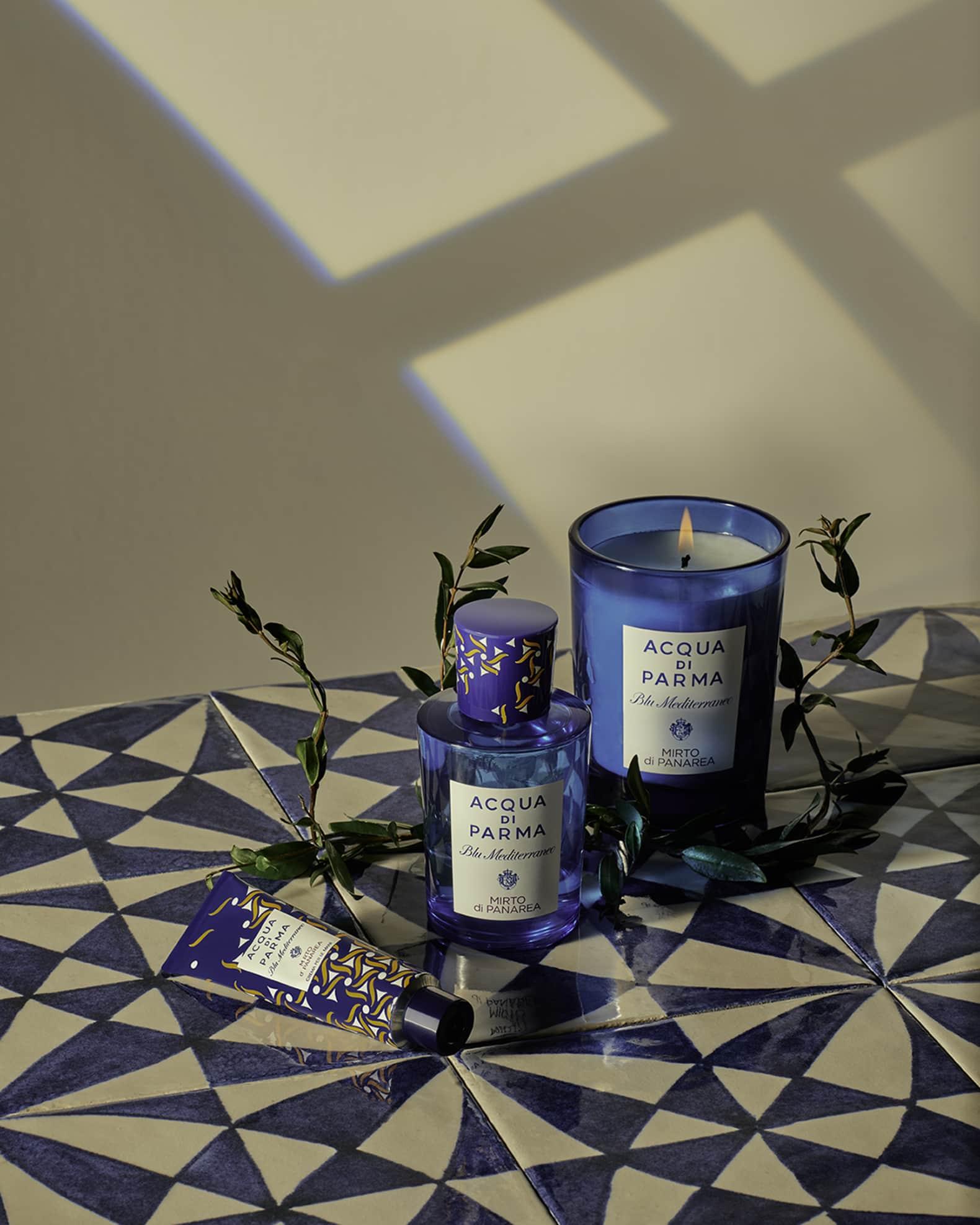 Bottle on patterned tile