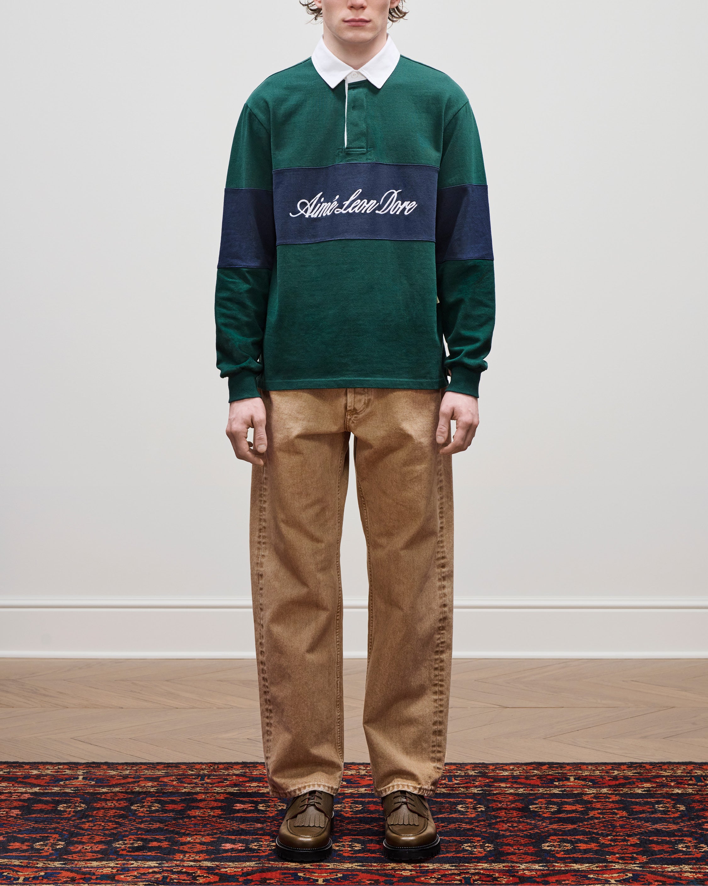 Script Paneled Rugby — on-body styling view