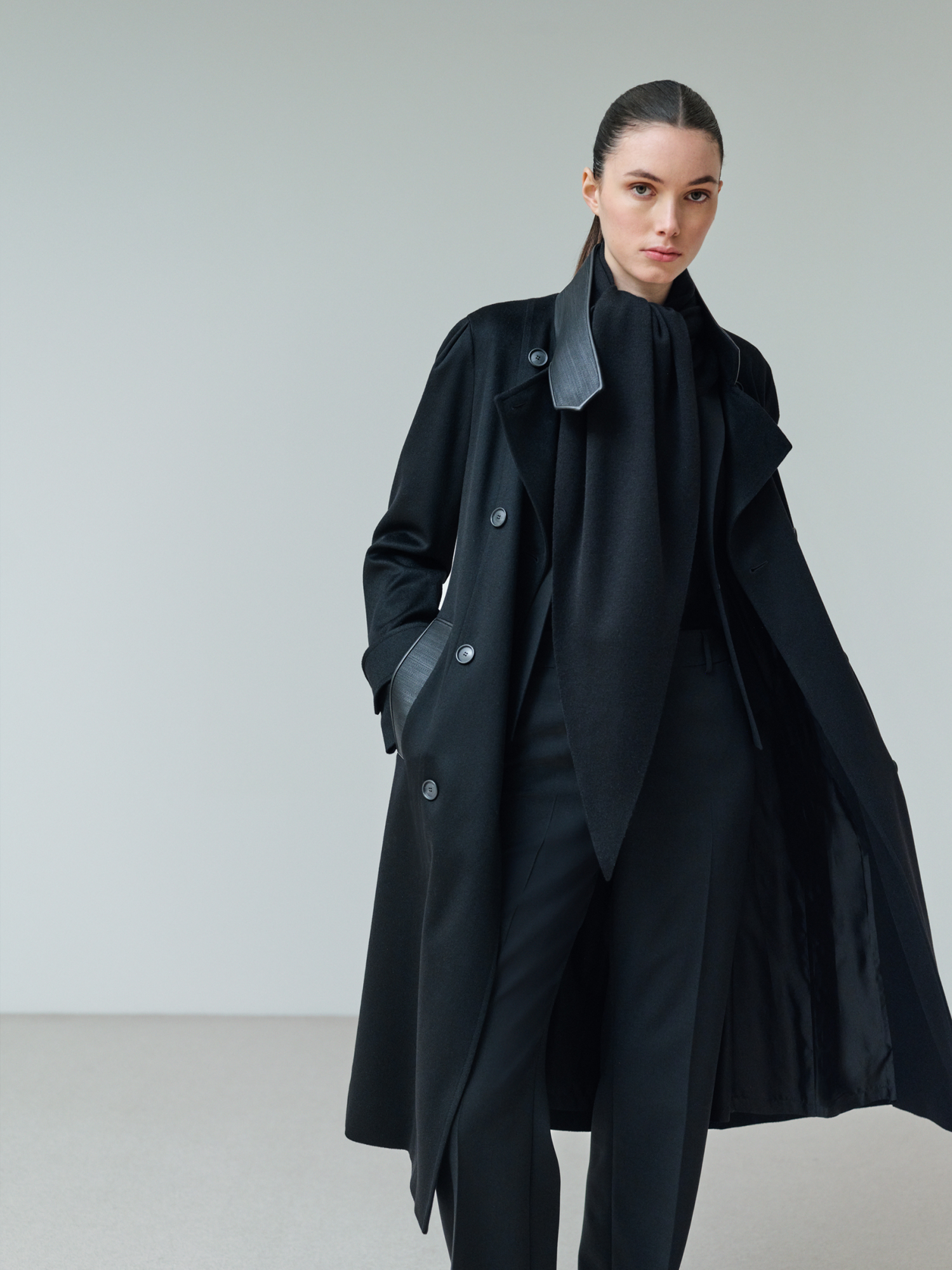 Back view of belted cashmere coat