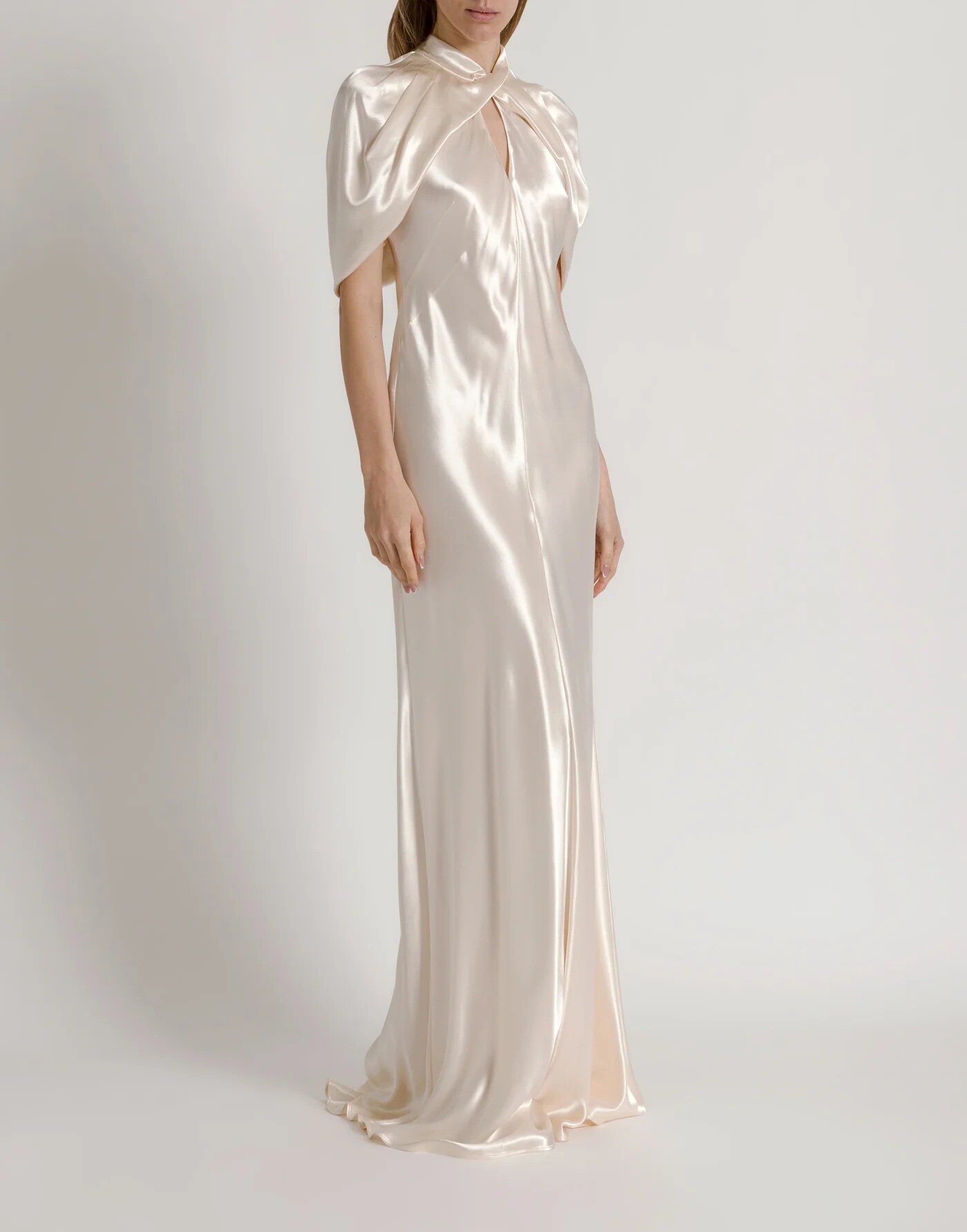 Satin evening dress with cape sleeves — alternate angle