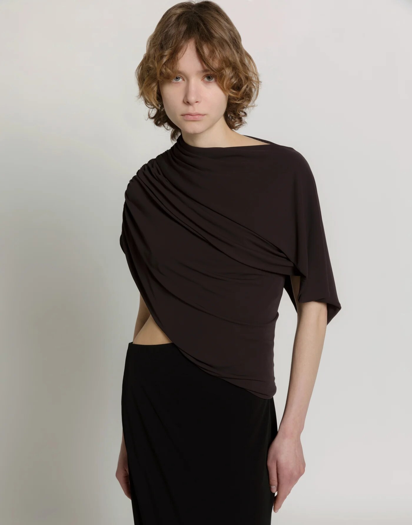 Draped long dress with cut-out — profile view