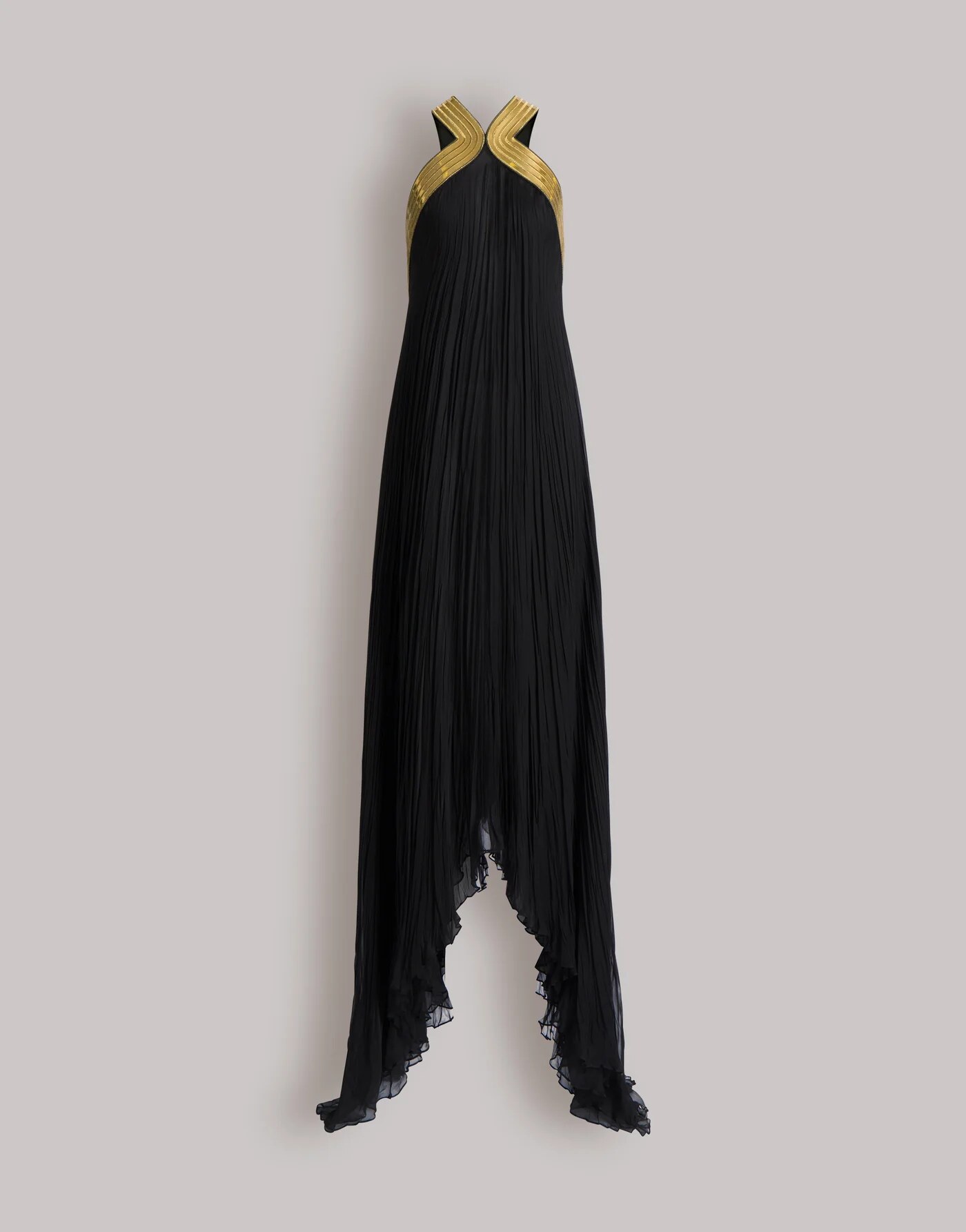 Plissé chiffon gown with metallic embroidered collar