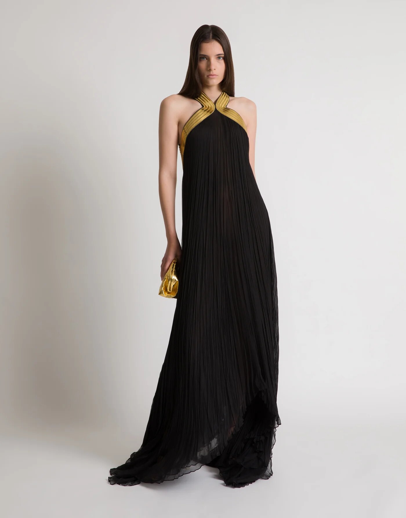 Plissé chiffon gown with metallic embroidered collar — alternate angle