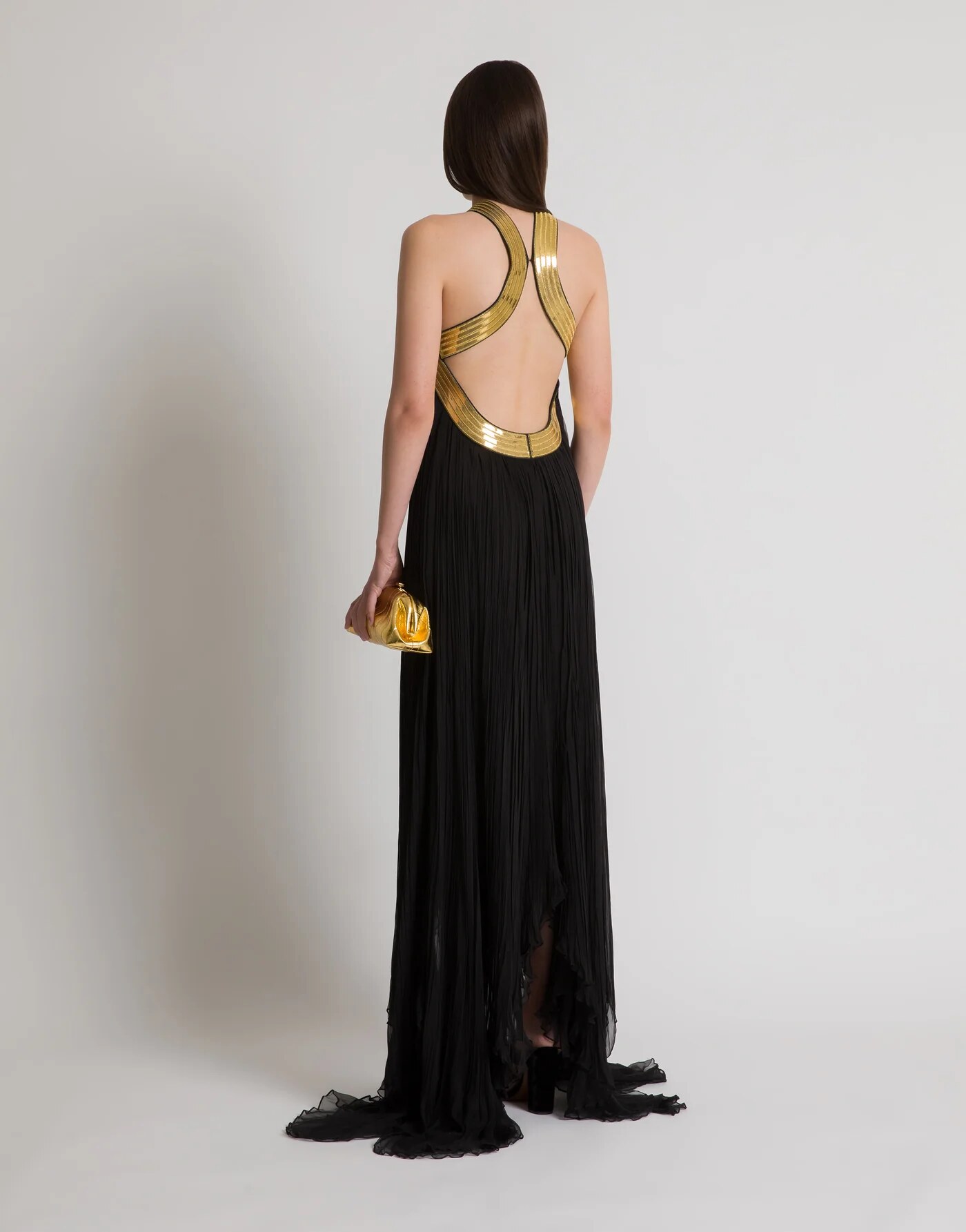 Plissé chiffon gown with metallic embroidered collar — profile view