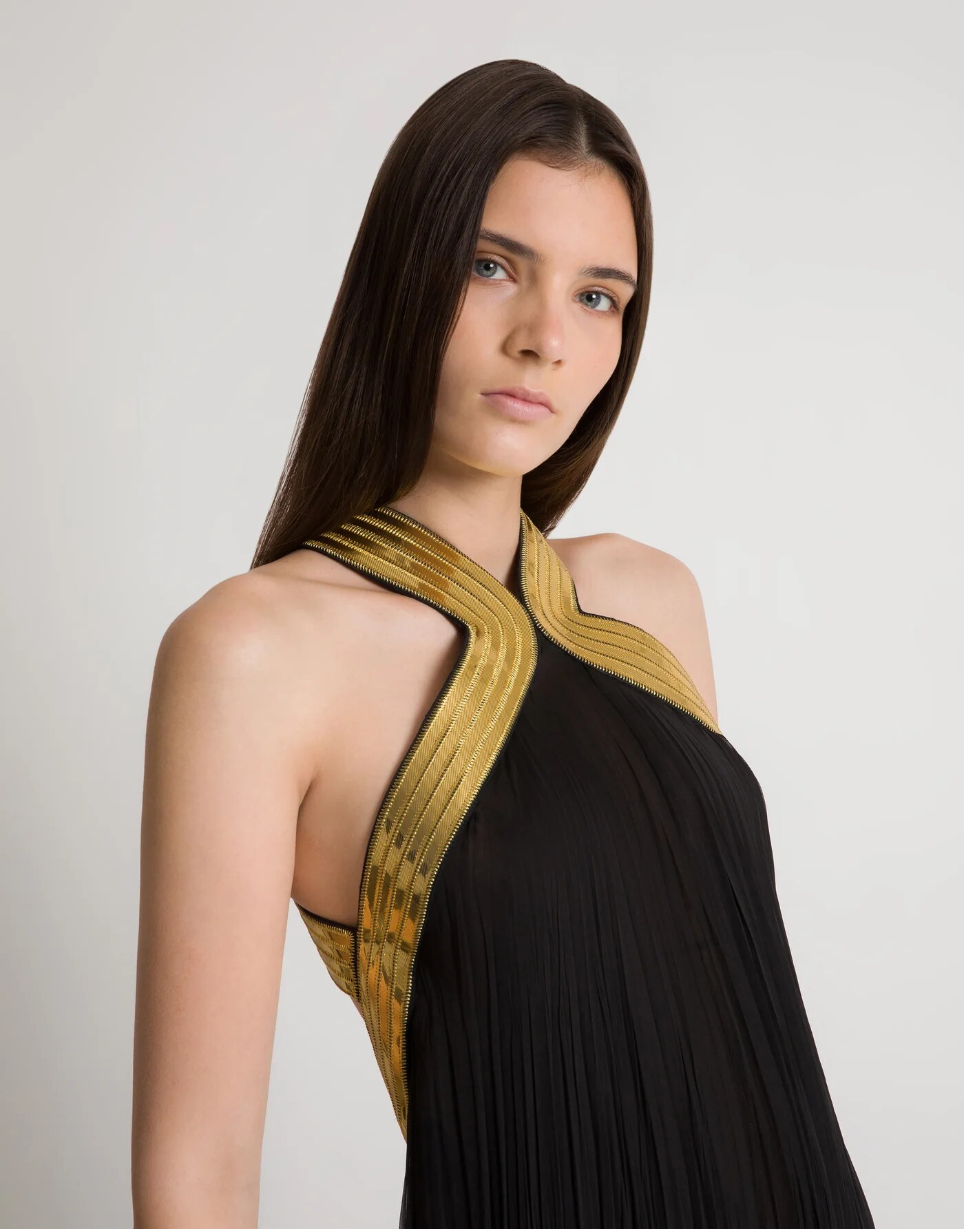 Plissé chiffon gown with metallic embroidered collar — back/detail view