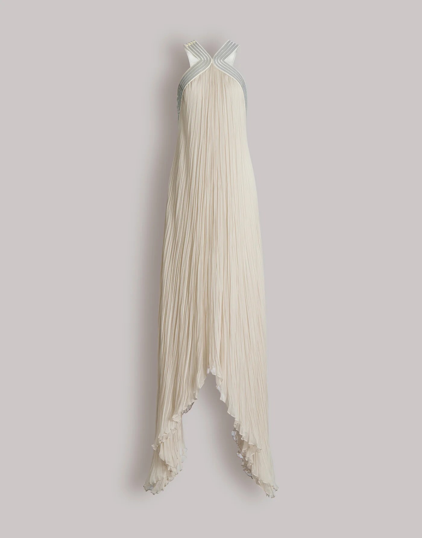 Plissé chiffon gown with metallic embroidered collar — material or colour variant