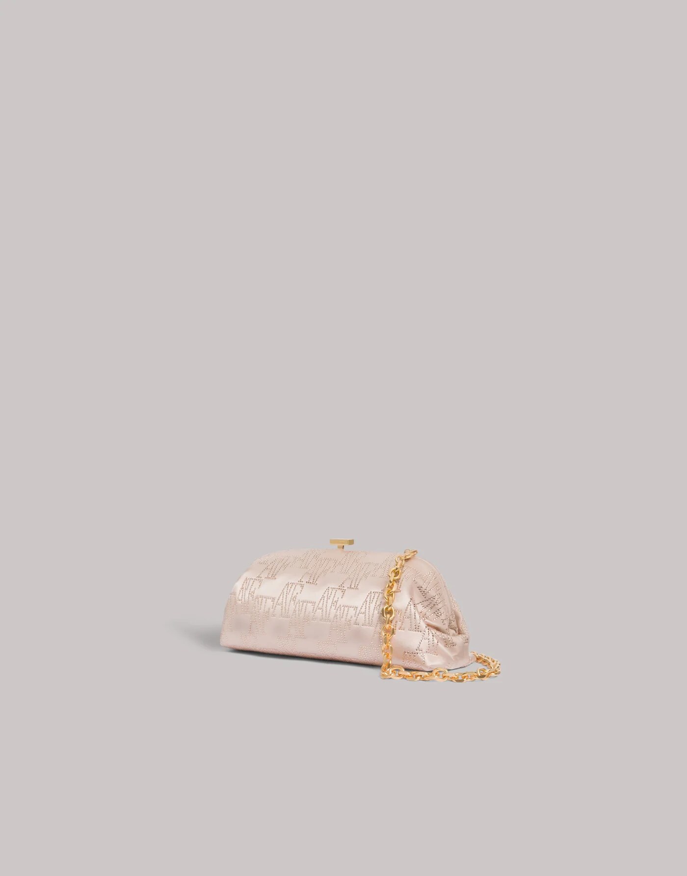 Satin clutch bag with rhinestone AF monogram — profile view
