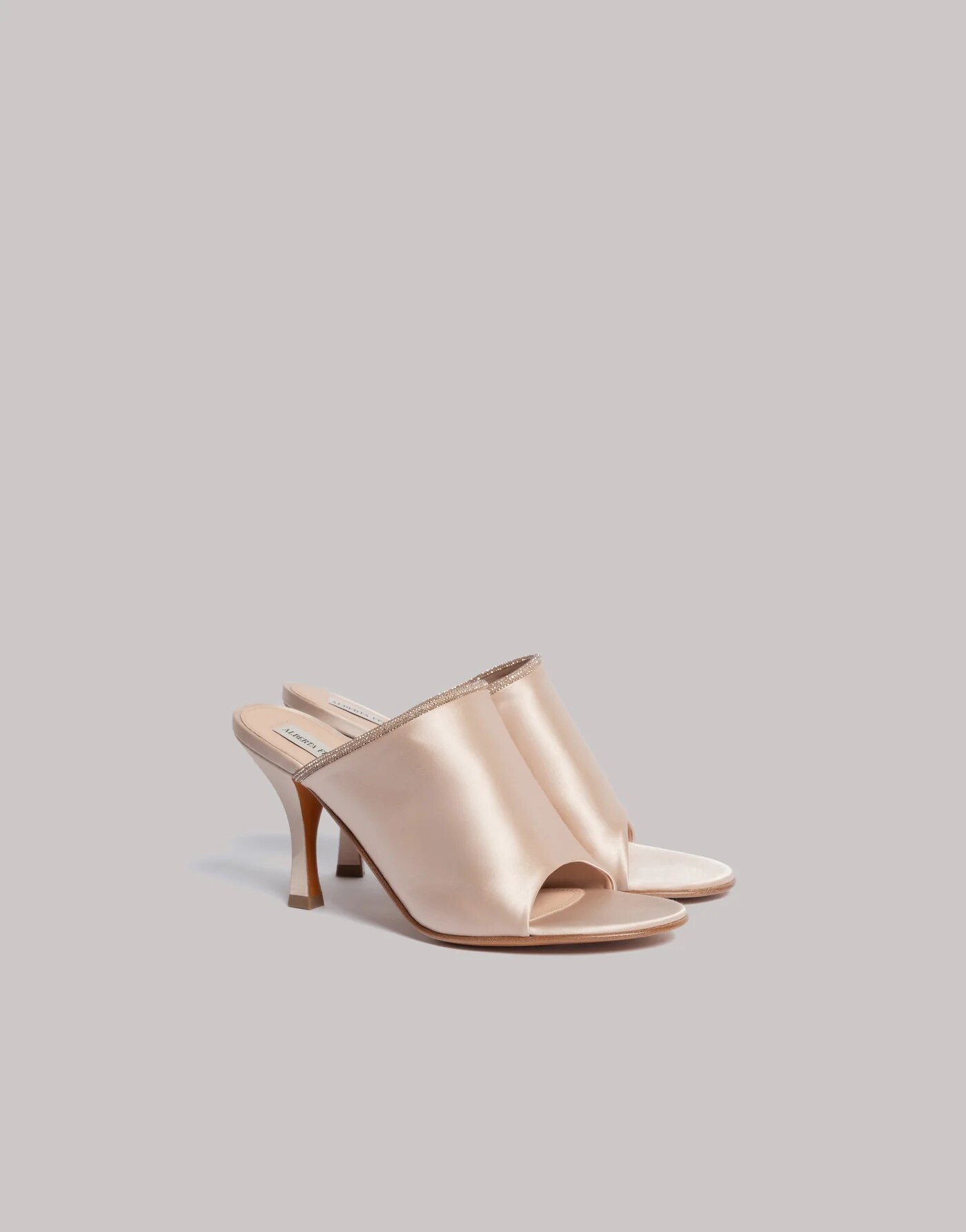 Satin mules with rhinestone trim — back/detail view