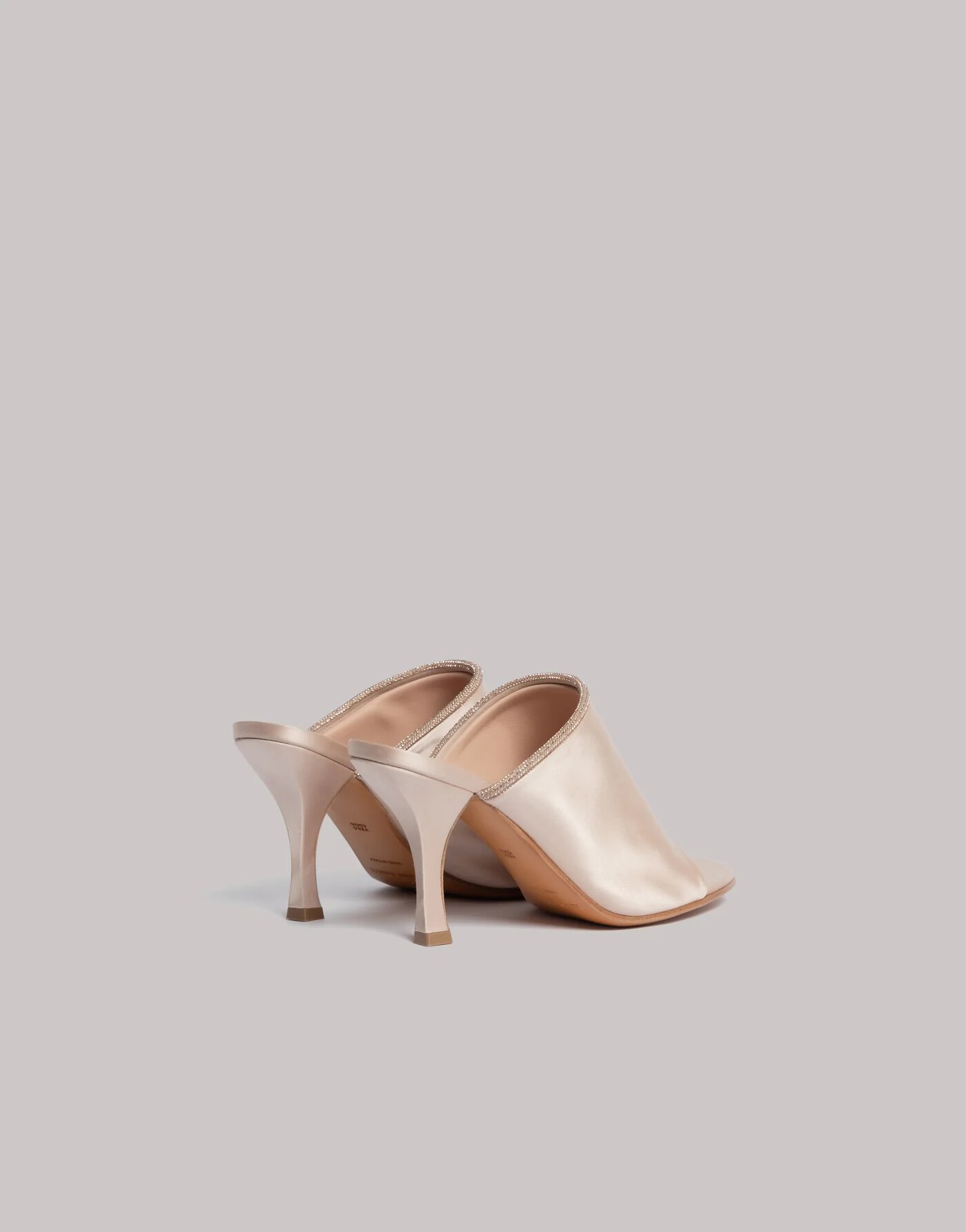Satin mules with rhinestone trim — material or colour variant