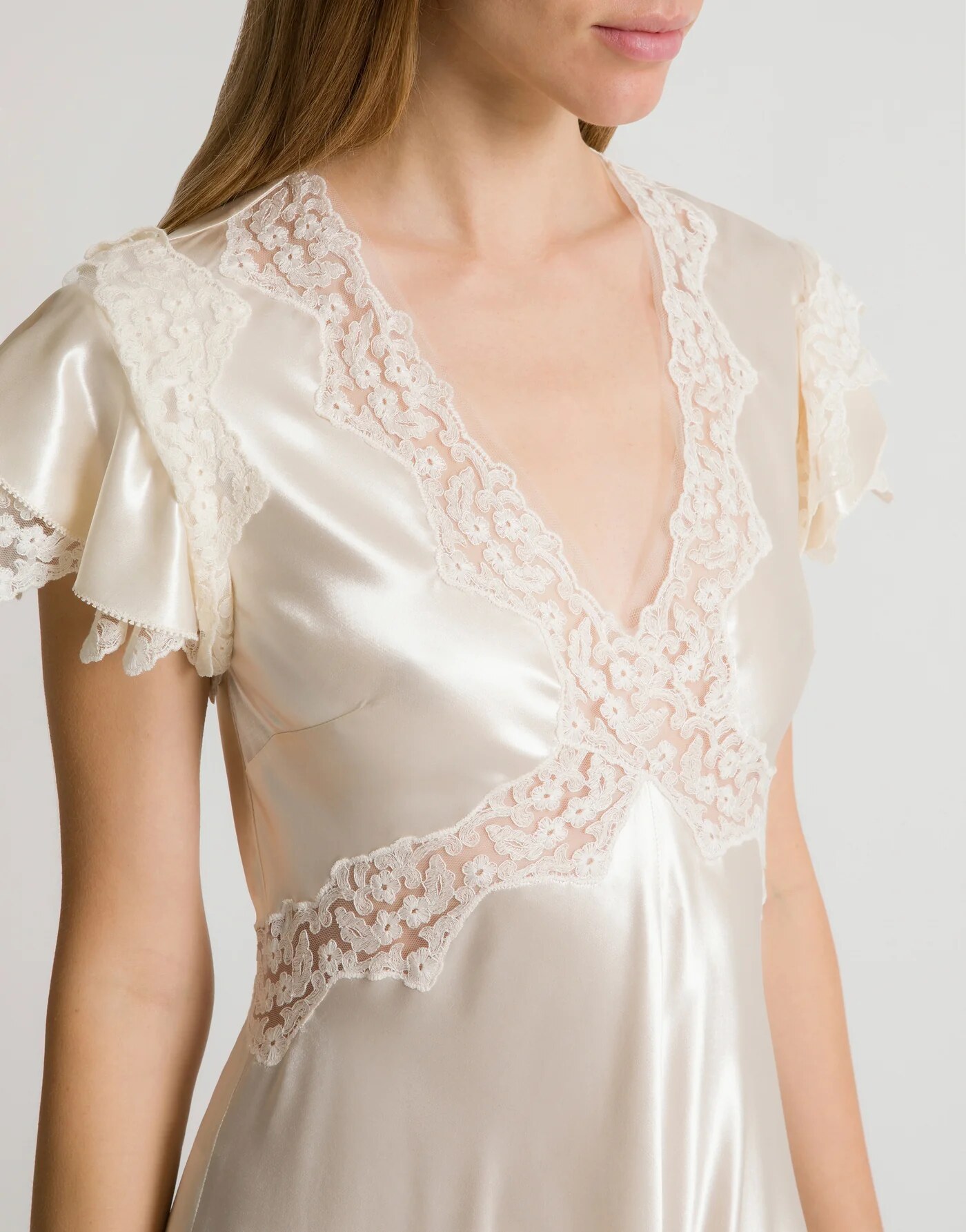 Satin dress with lace sleeves — back/detail view