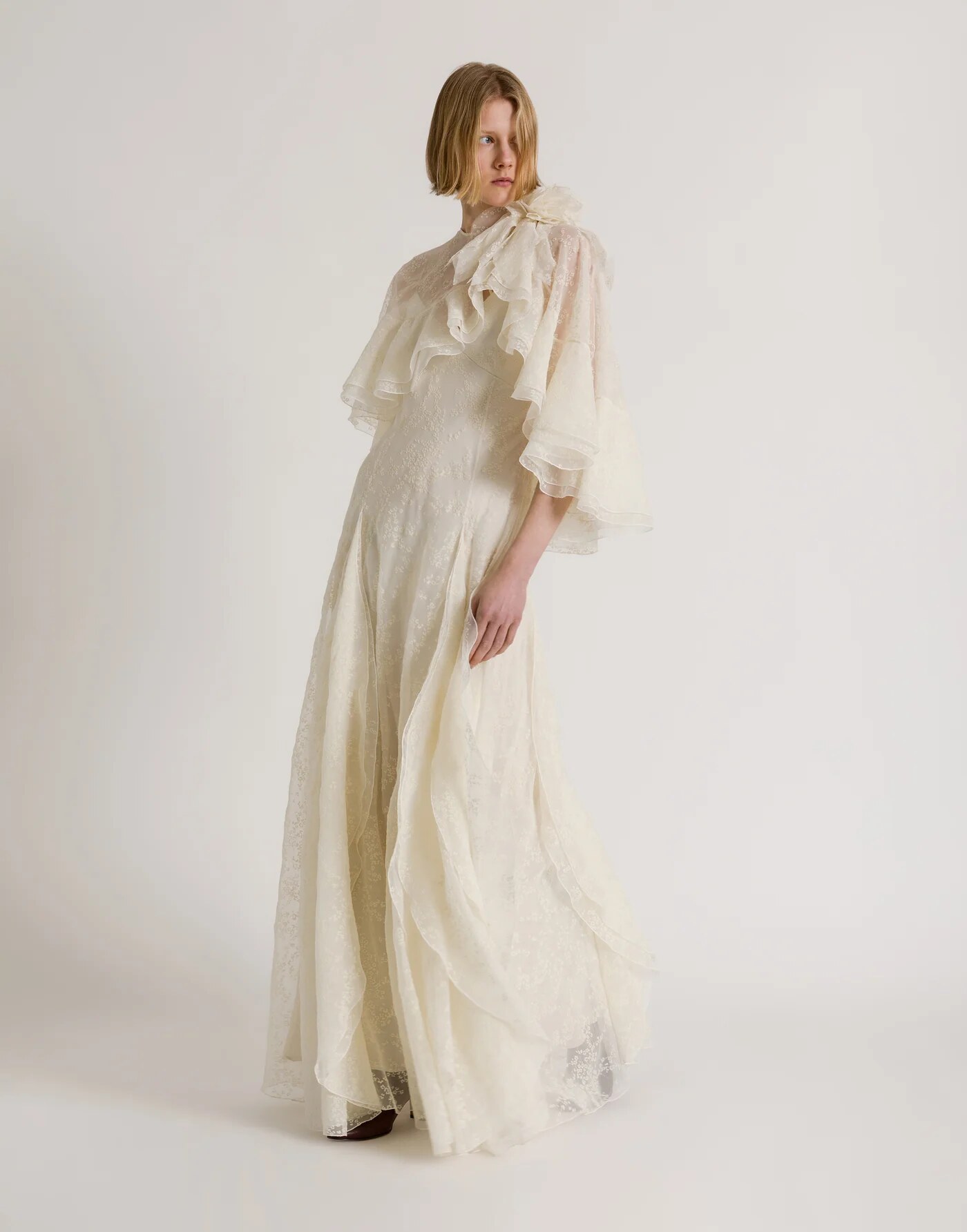 Silk tulle gown with removable cape — alternate angle