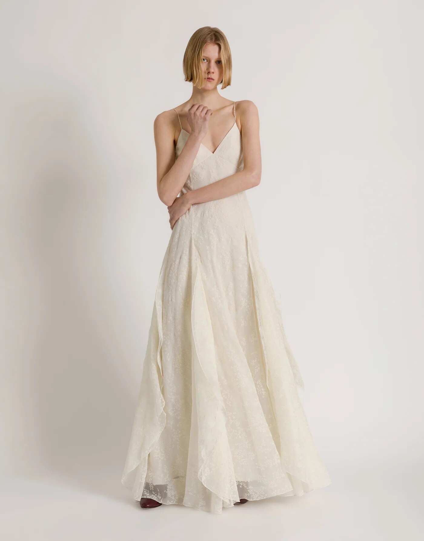 Silk tulle gown with removable cape — back/detail view