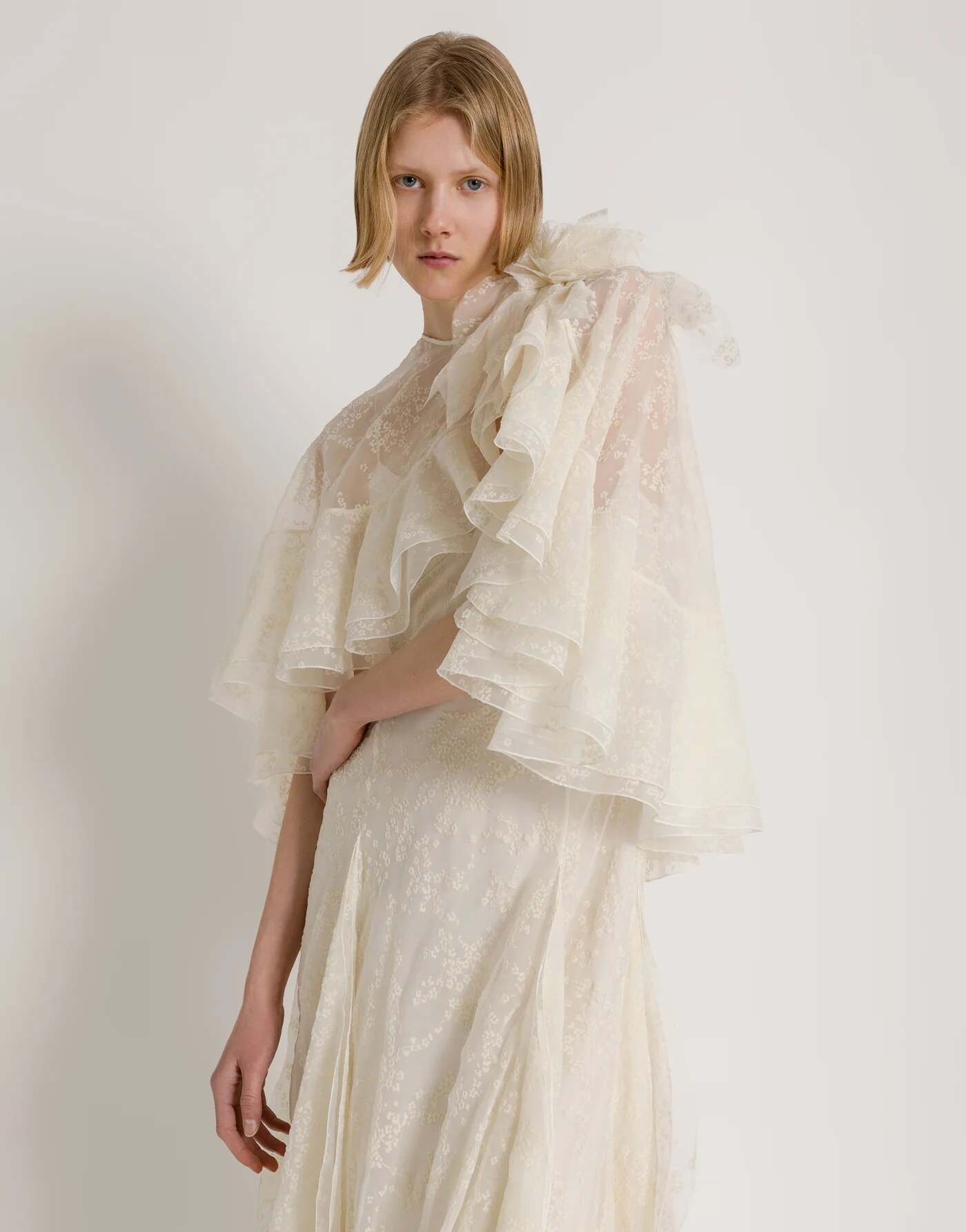 Silk tulle gown with removable cape — material or colour variant