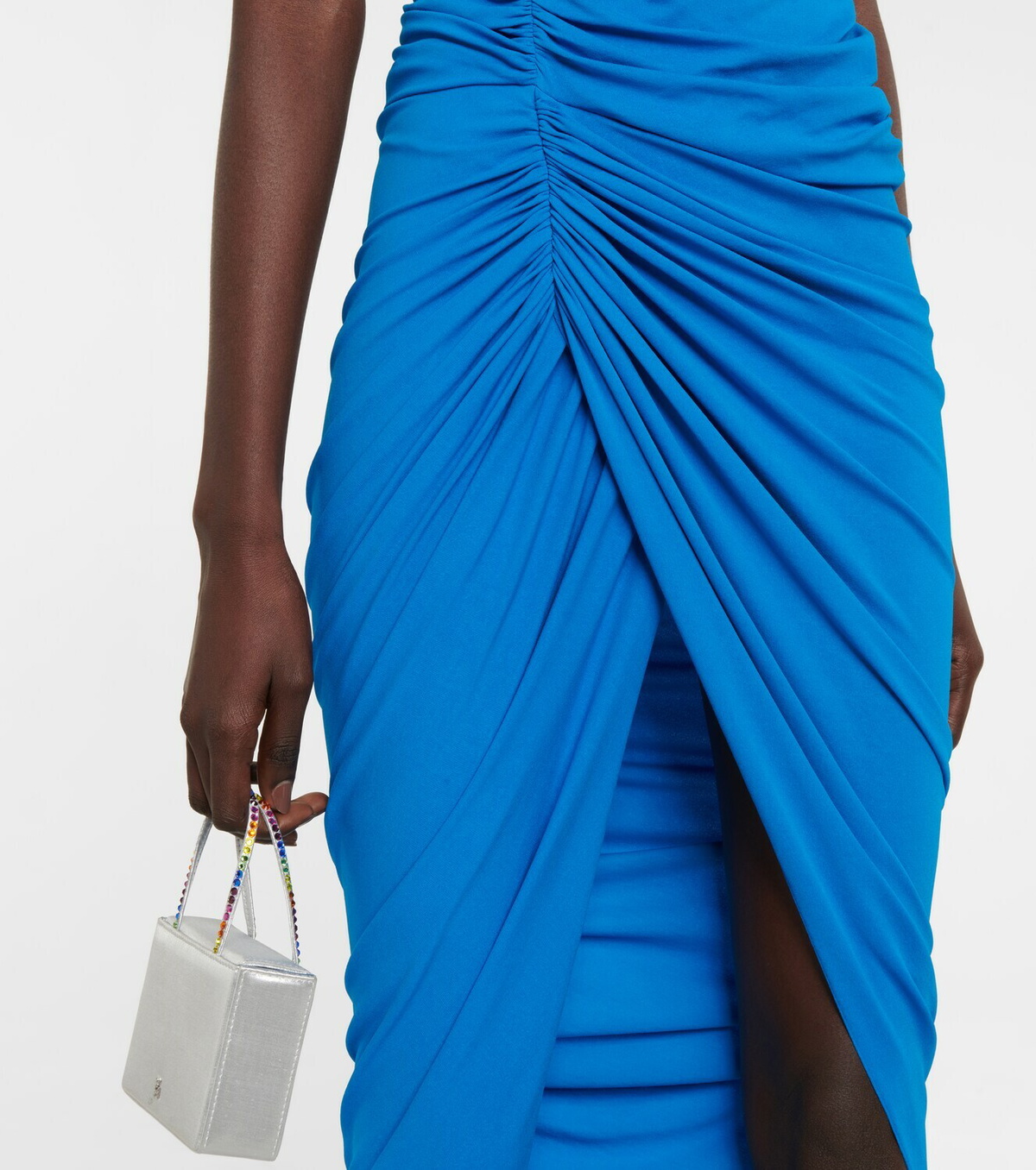 ruched skirt and slit closeup