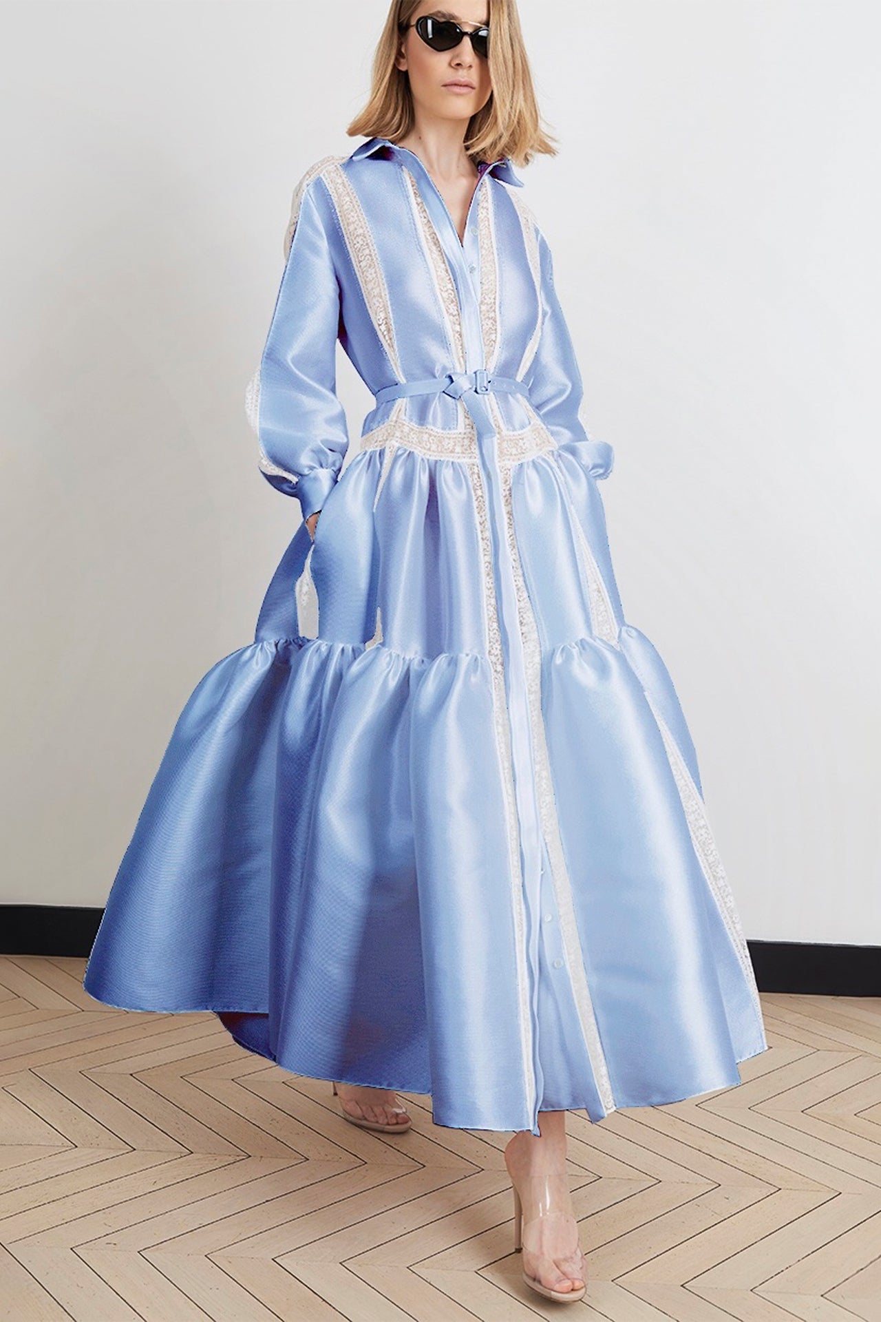 Blue Long Tiered Dress with White Lace Trim