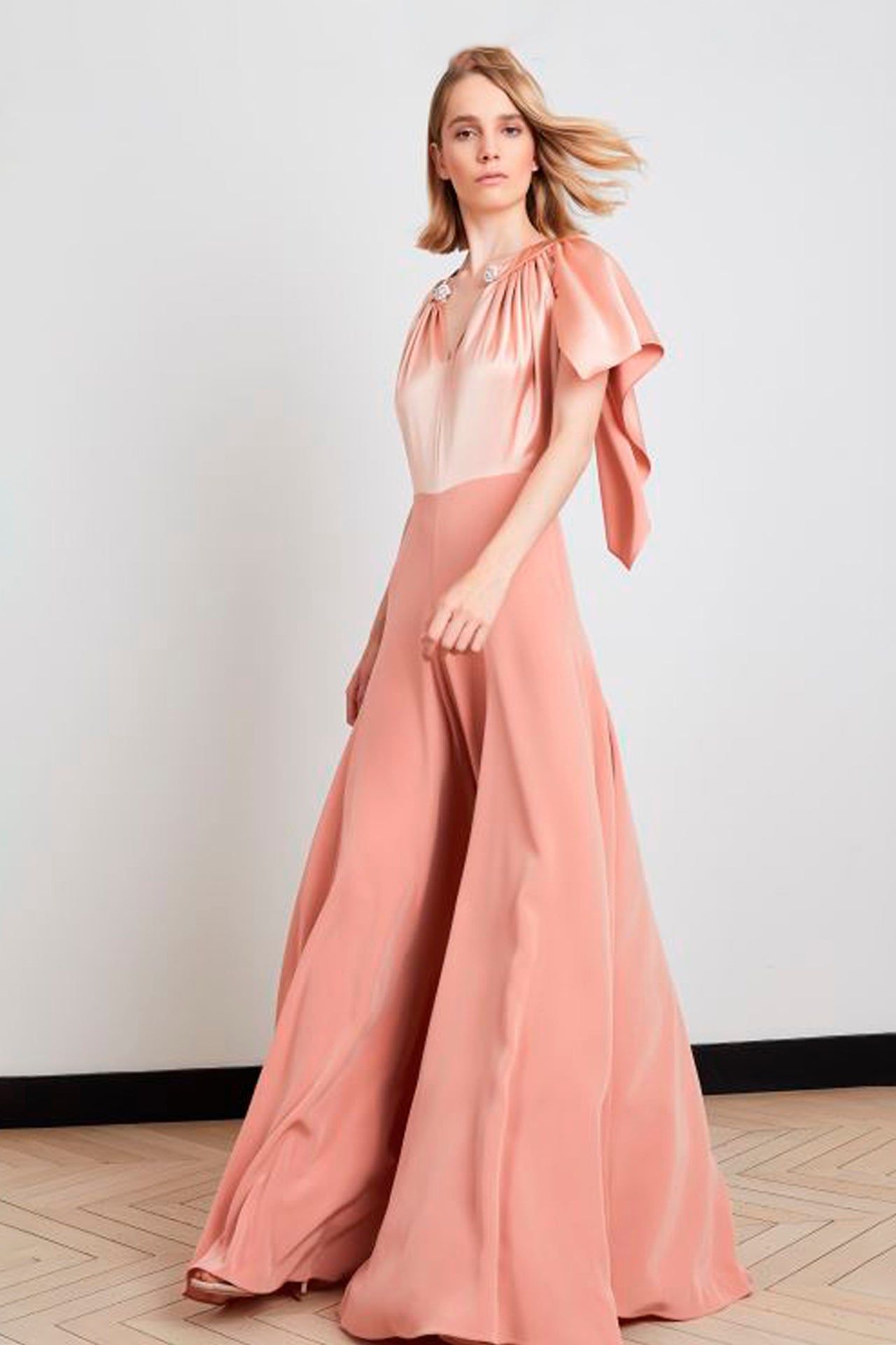 Bow-Shoulder Long Satin Dress