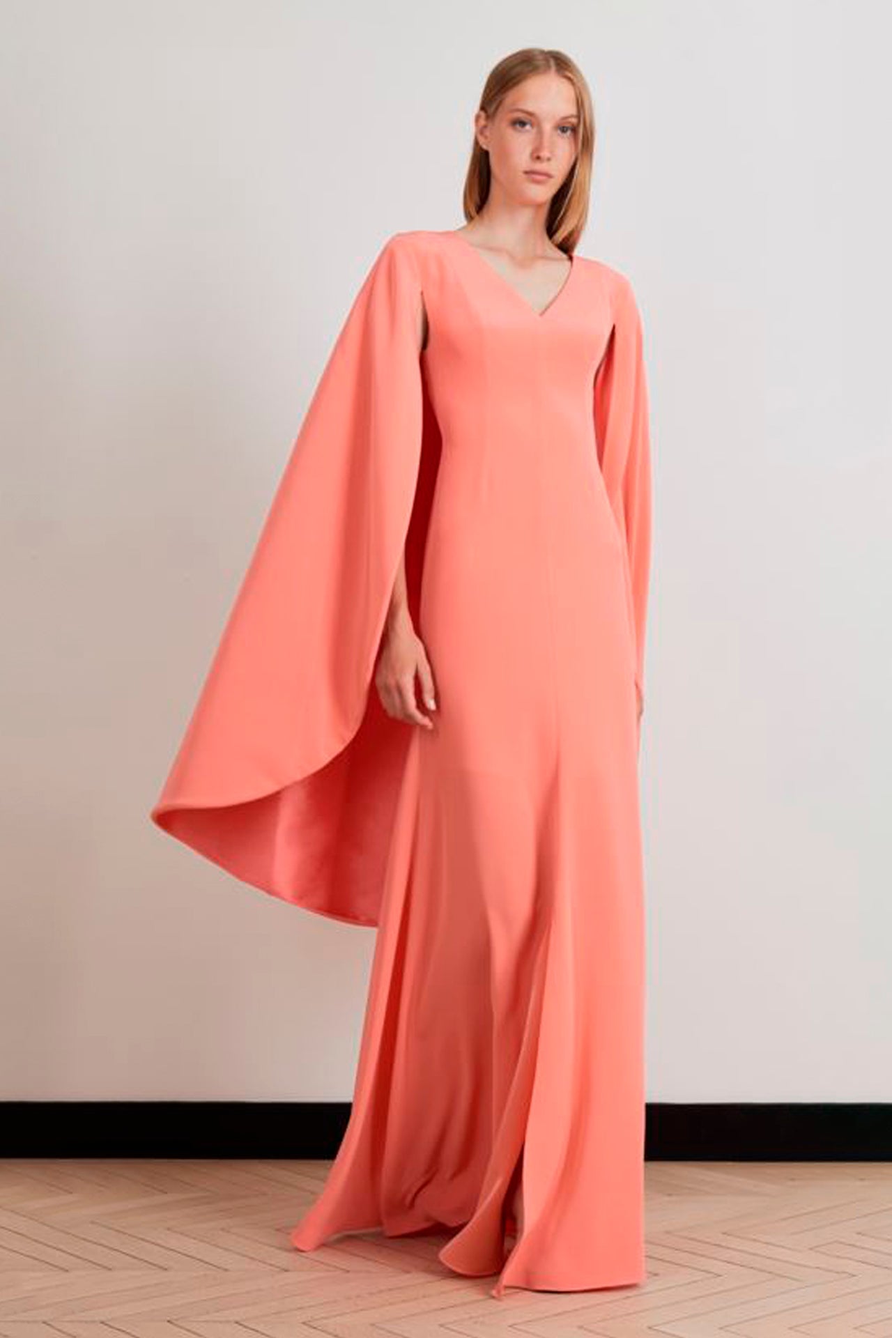 Coral Cape-Sleeve Satin Gown