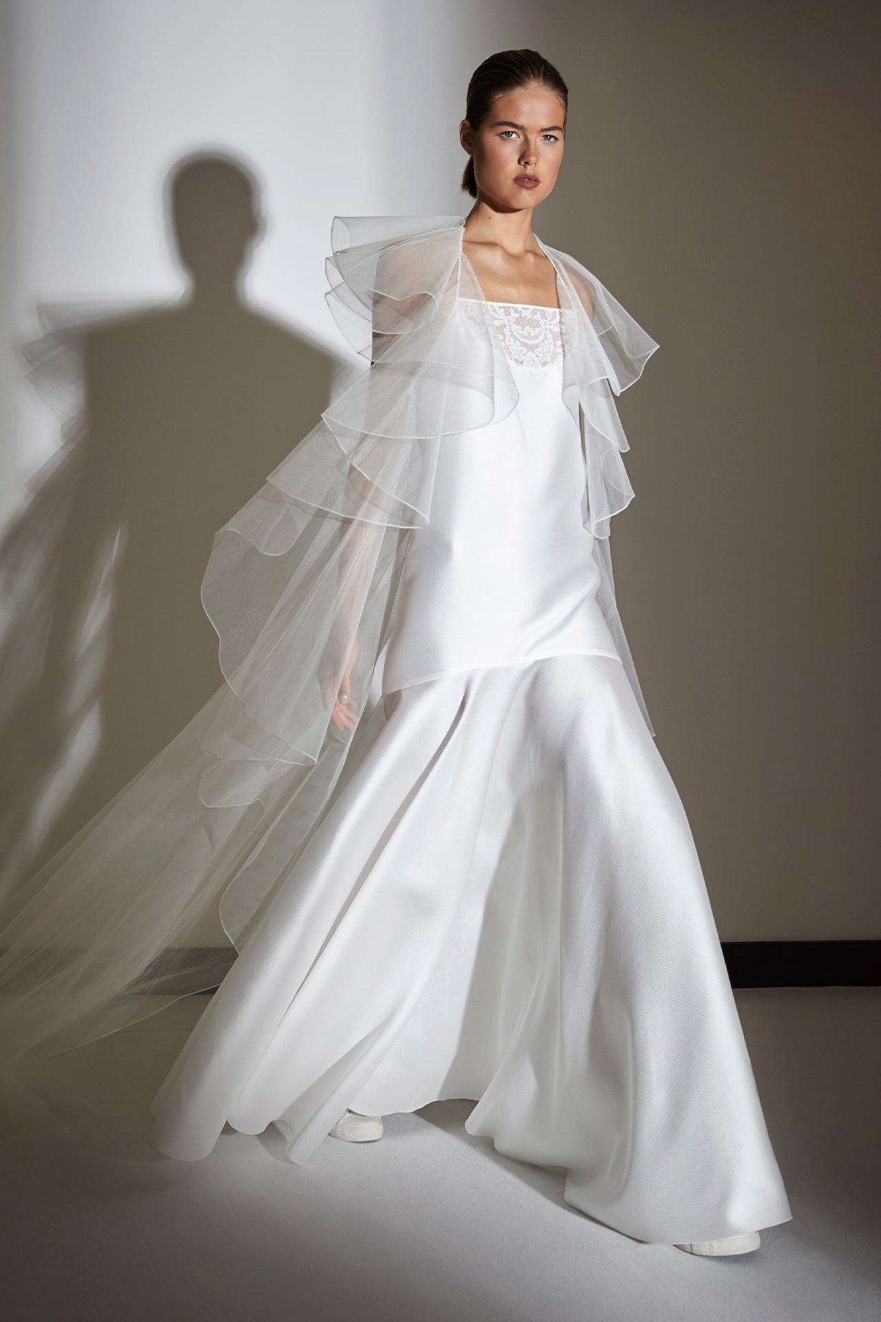 Long Backless Corolla Dress with Sheer Cape