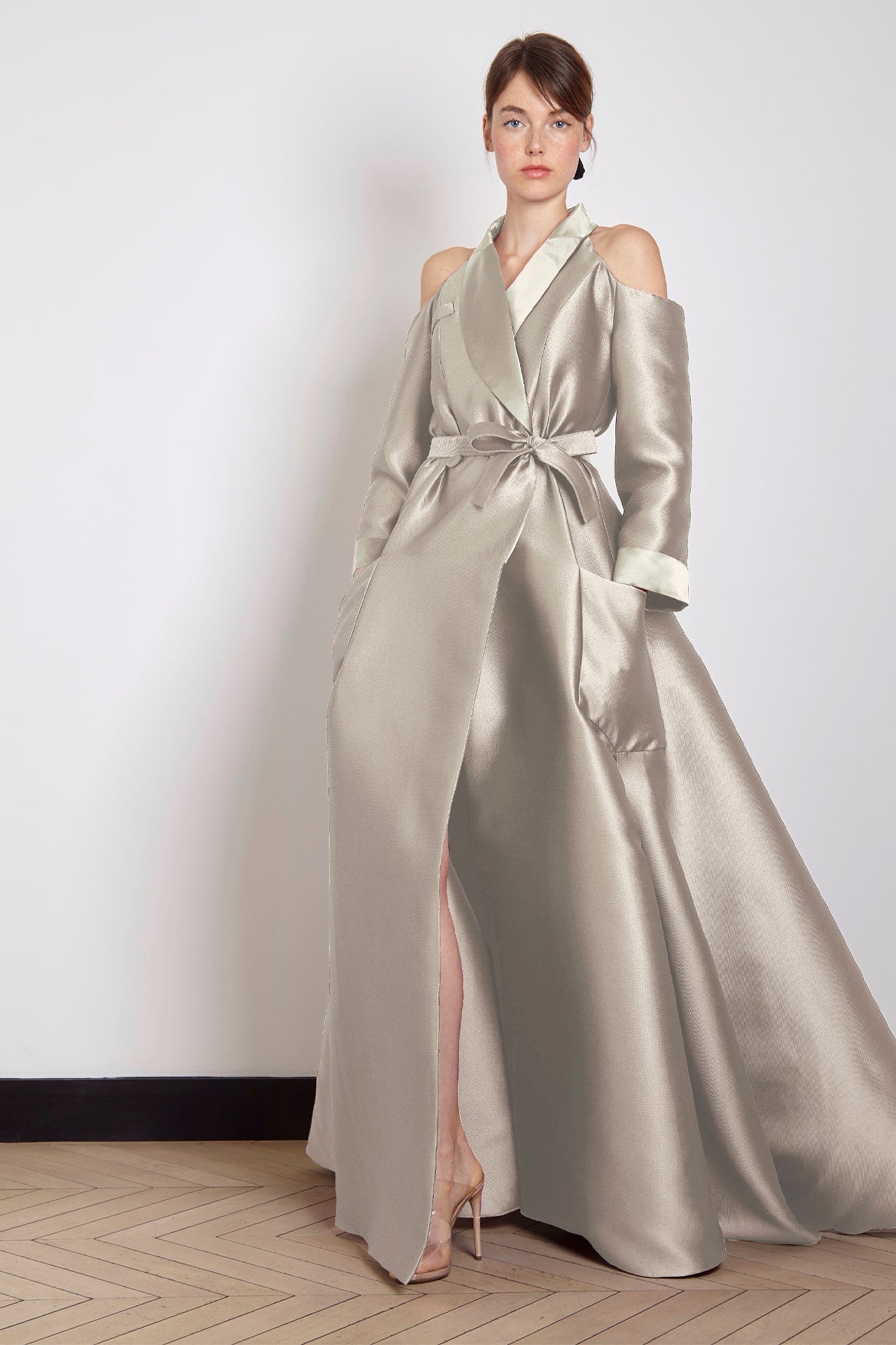 Sand Satin Gown with Open Shoulders