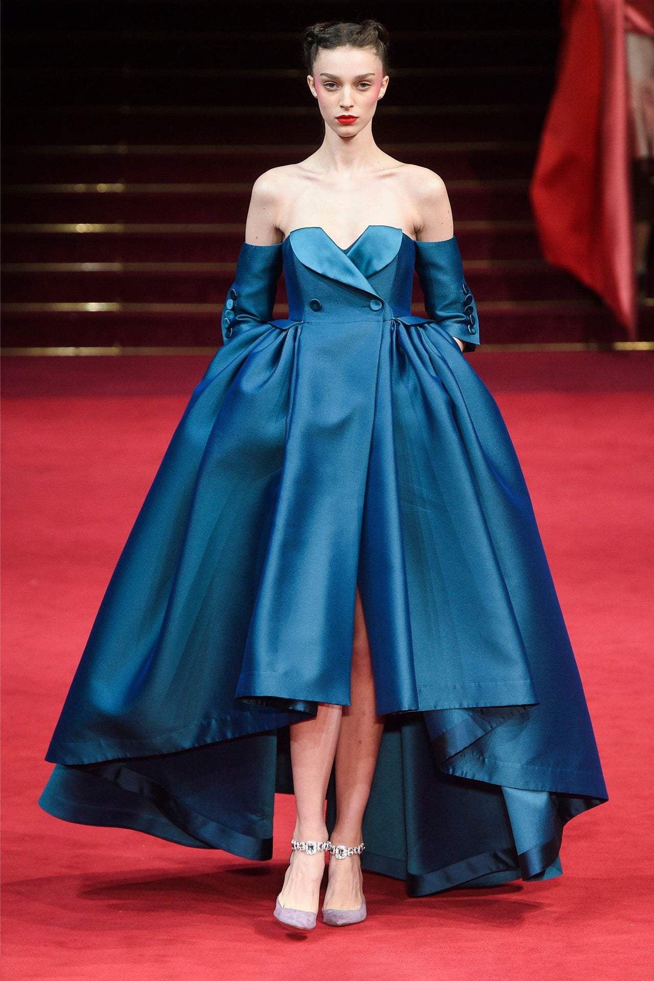 Satin Blazer-Bodice High-Low Gown