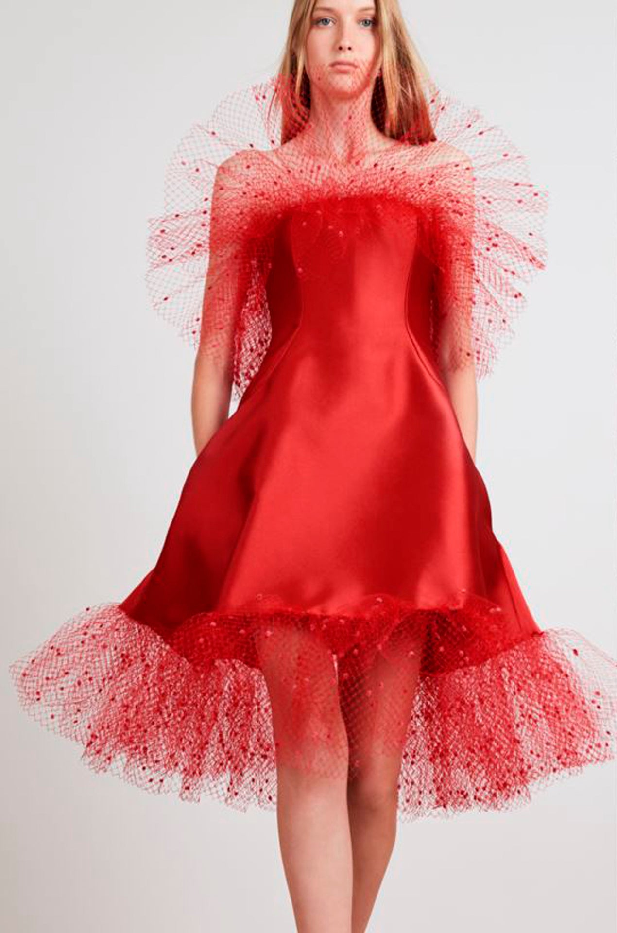 Satin Gown with Polka-Dot Tulle