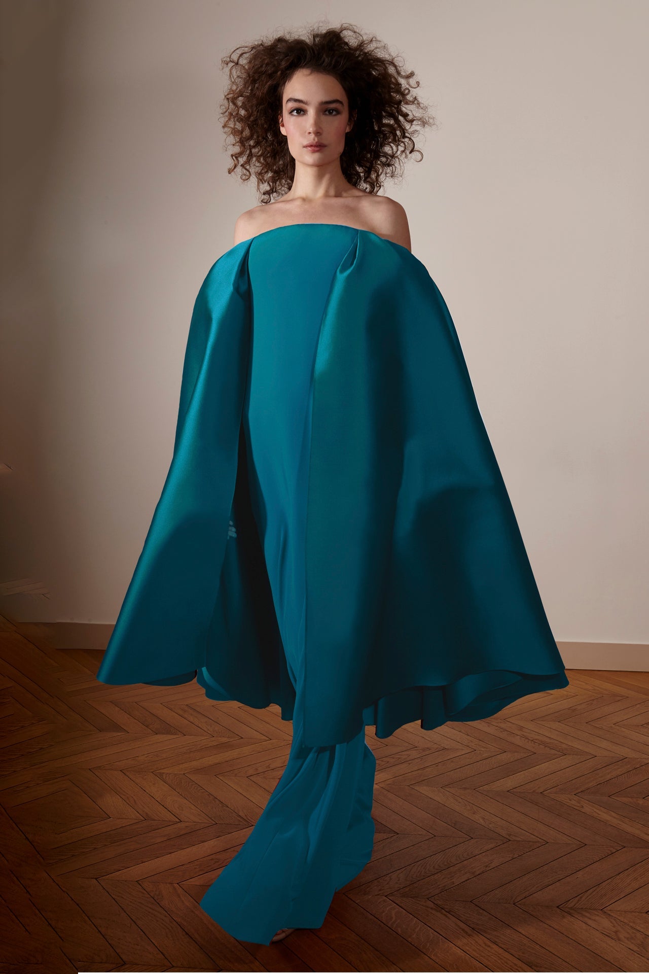 Strapless Cape Shoulder Gown
