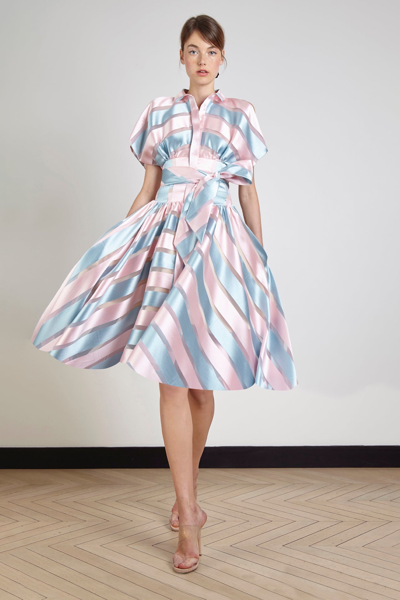 Striped Puff-Sleeve Dress with Bow