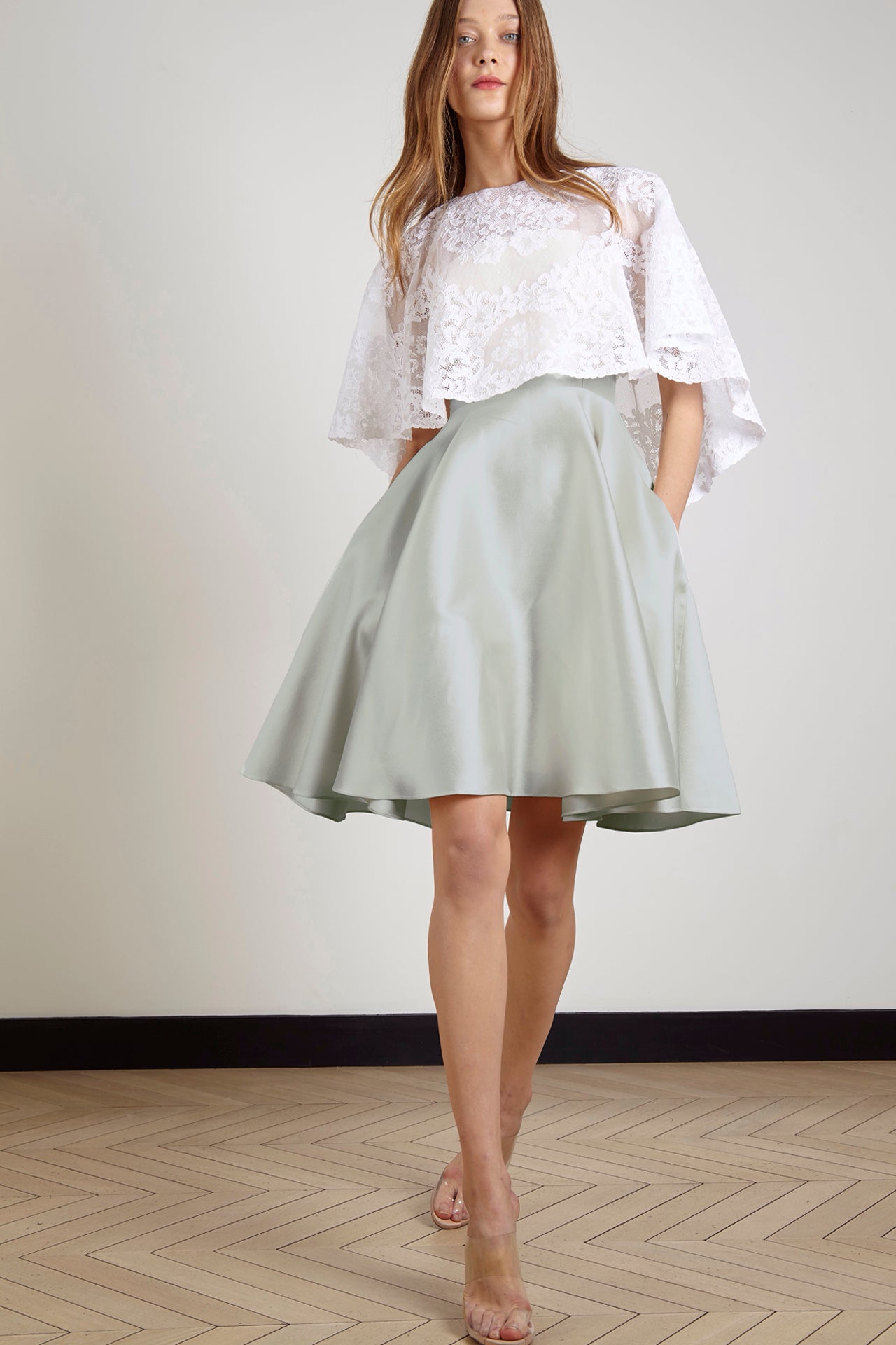 White Lace Bodice Dress with Sage A-Line Skirt