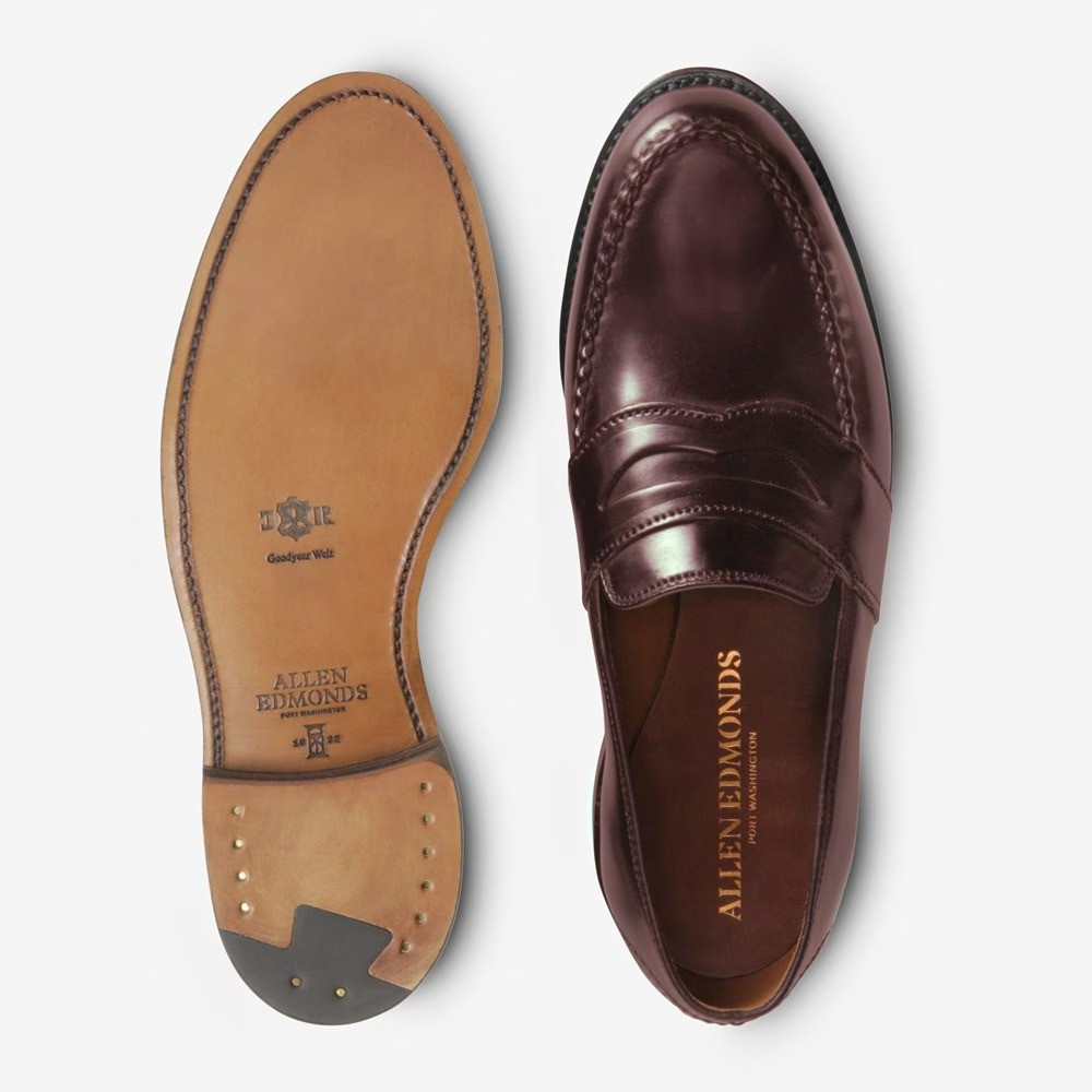 Cordovan loafer top-and-sole view