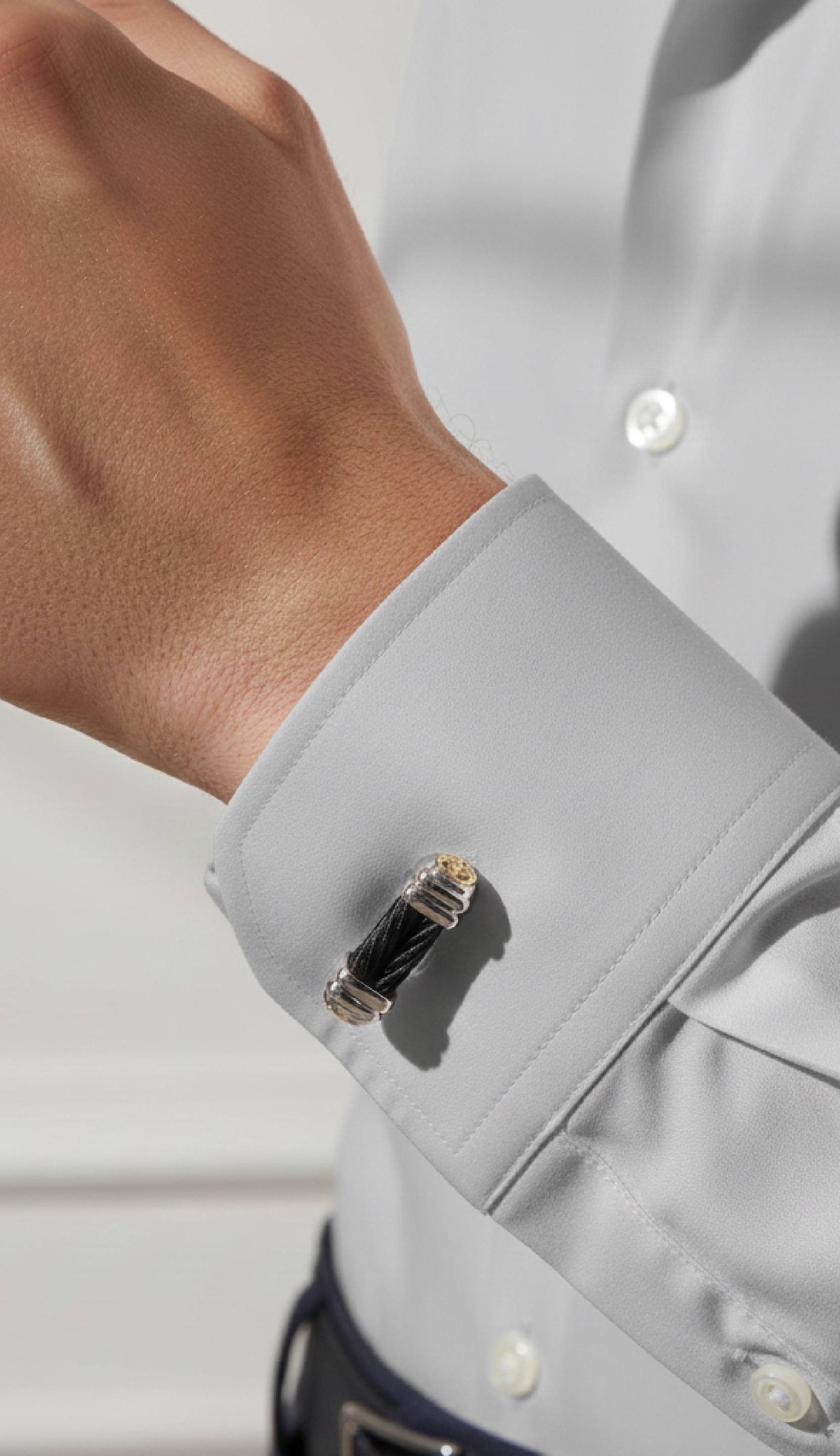 lifestyle view of cable cufflinks