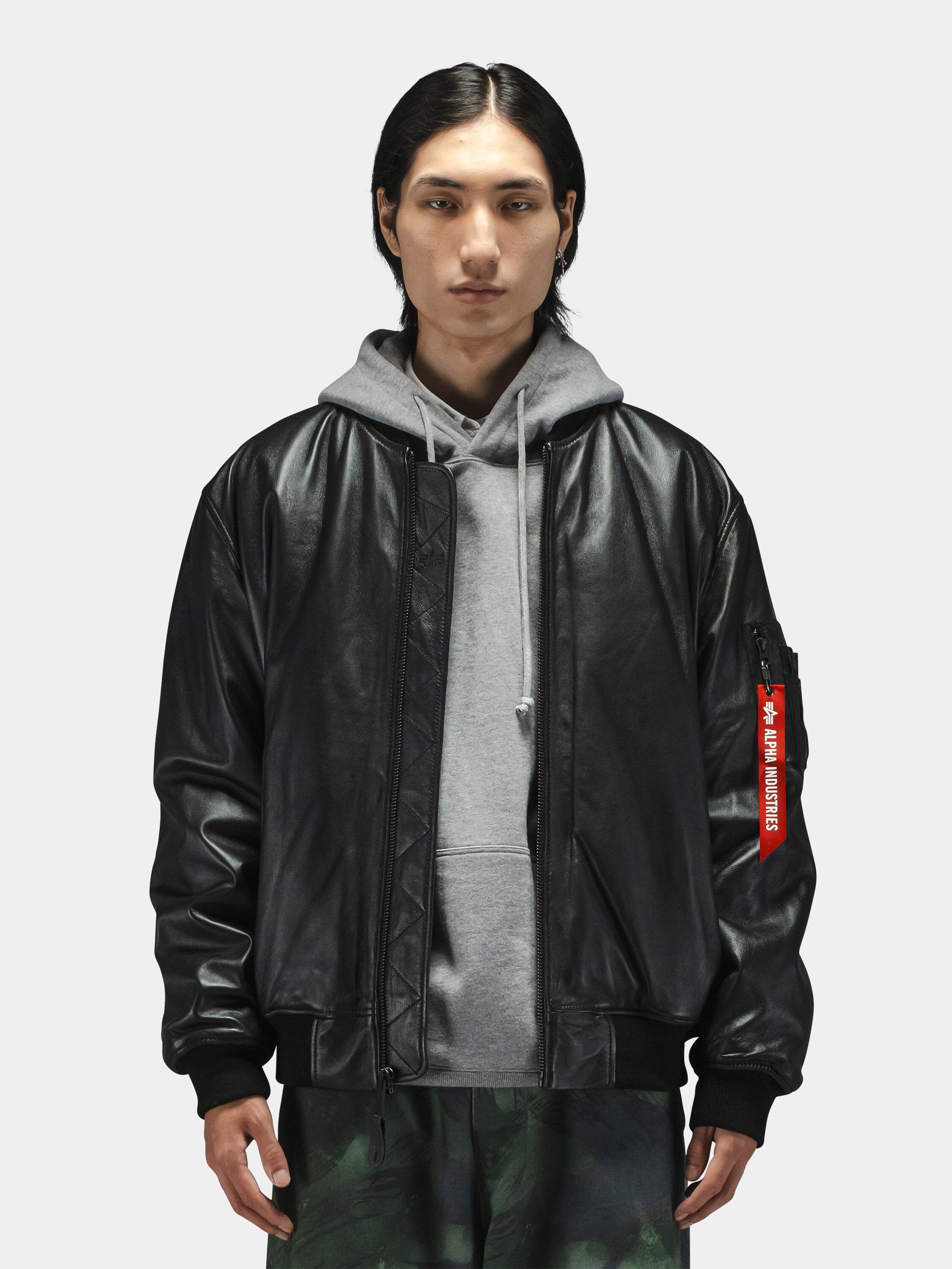 Side view of the oversized leather bomber