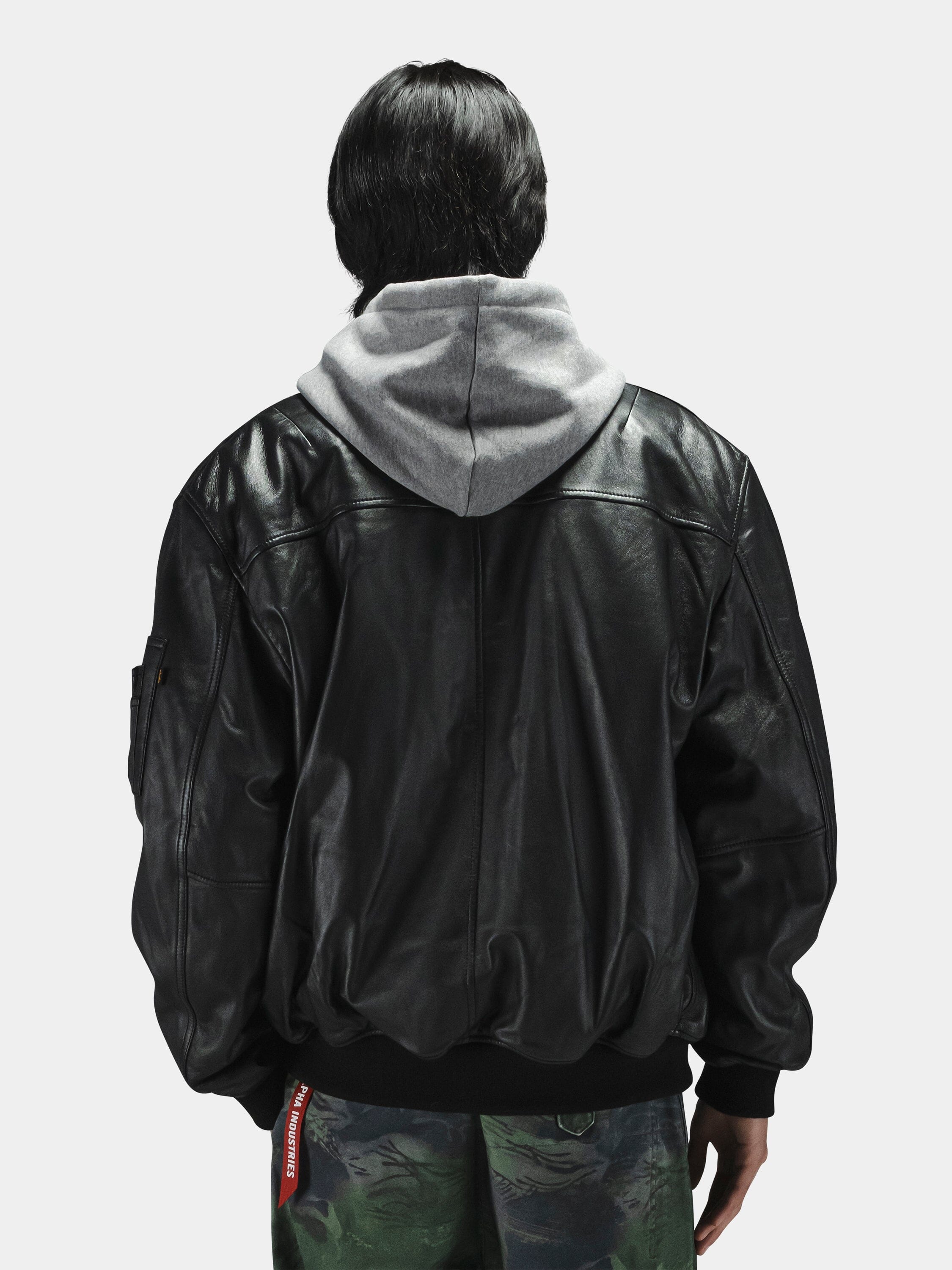 Close view of leather and sleeve details