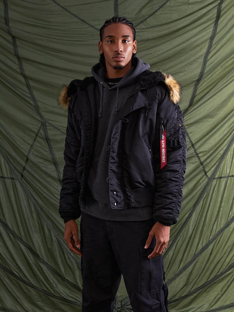 On-body view with hood framing the collar