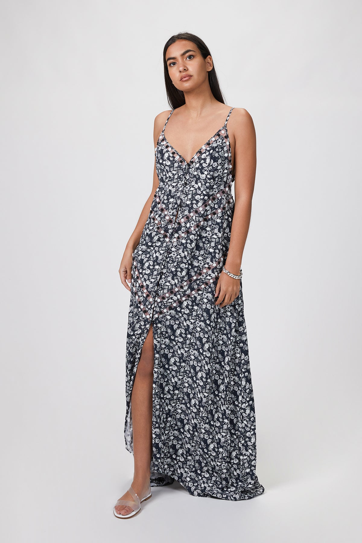 on-body front view of the long floral dress
