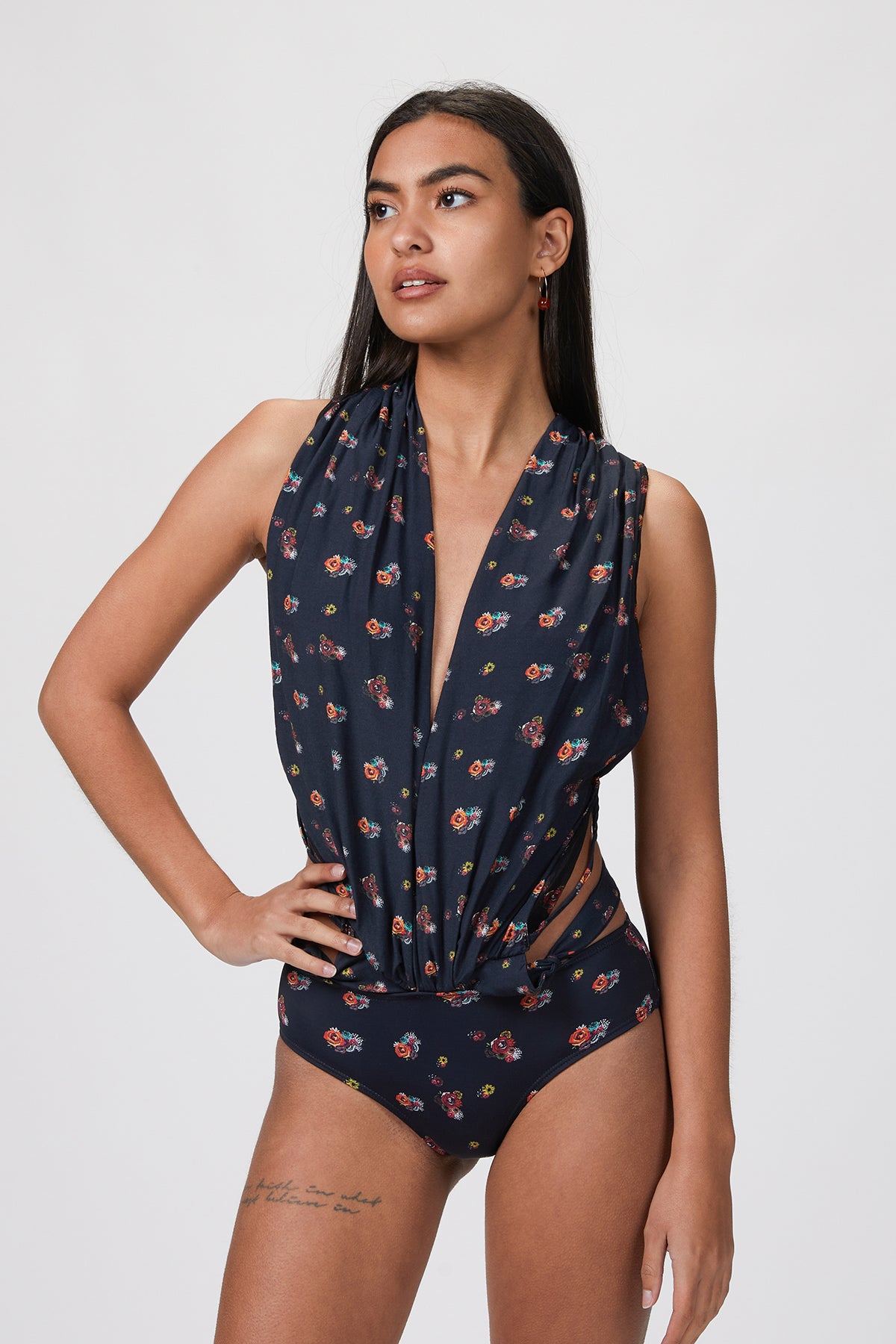 on-body front angle in the floral colorway