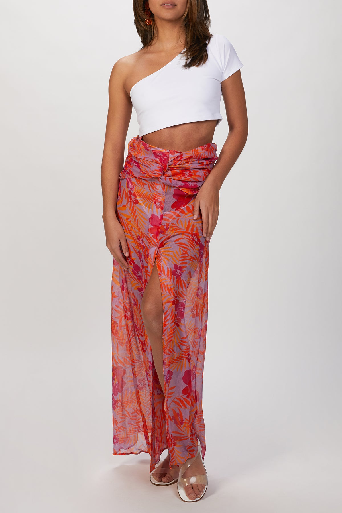 on-body view of the long draped silhouette