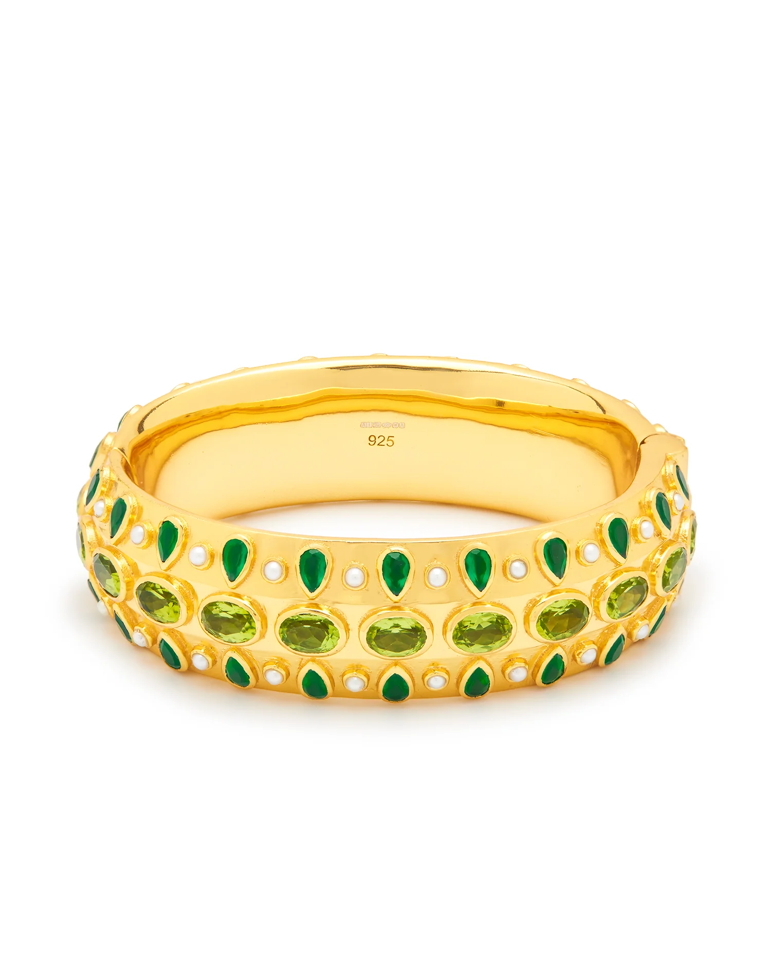 Anya Bangle with Pearl, Green Onyx & Peridot – 24K Gold Plated Sterling Silver Bangle