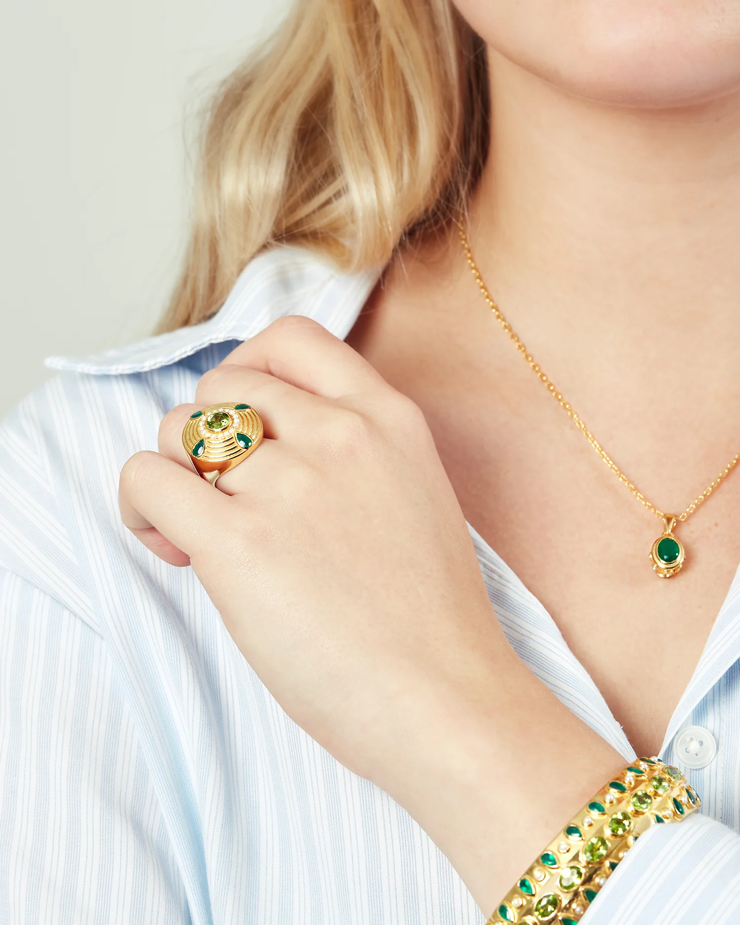 Anya Bangle with Pearl, Green Onyx & Peridot – 24K Gold Plated Sterling Silver Bangle