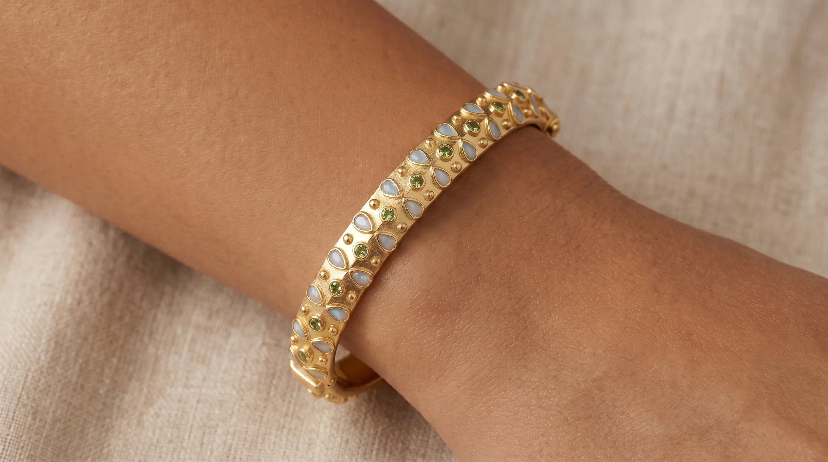 Maya Slim Bangle with Aquamarine & Peridot – 24K Gold Plated Sterling Silver Bangle