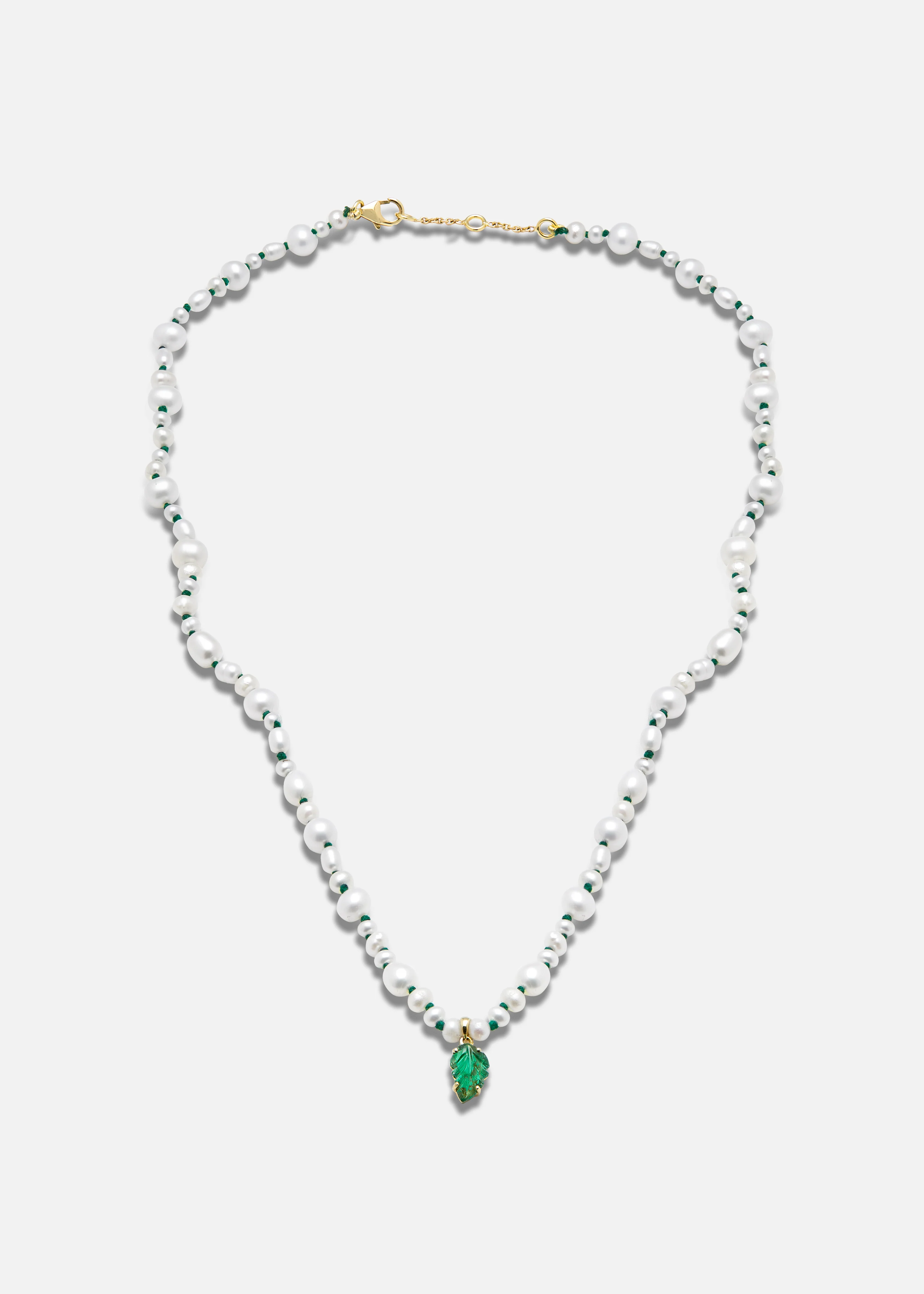 Muna Necklace - 18k gold with Freshwater Pearls and Emerald Leaf Pendant