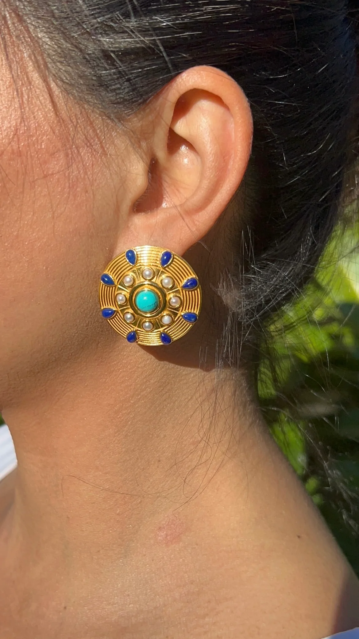 Amulet Earrings with Turquoise, Lapis & Pearl – 24K Gold-Plated Sterling Silver