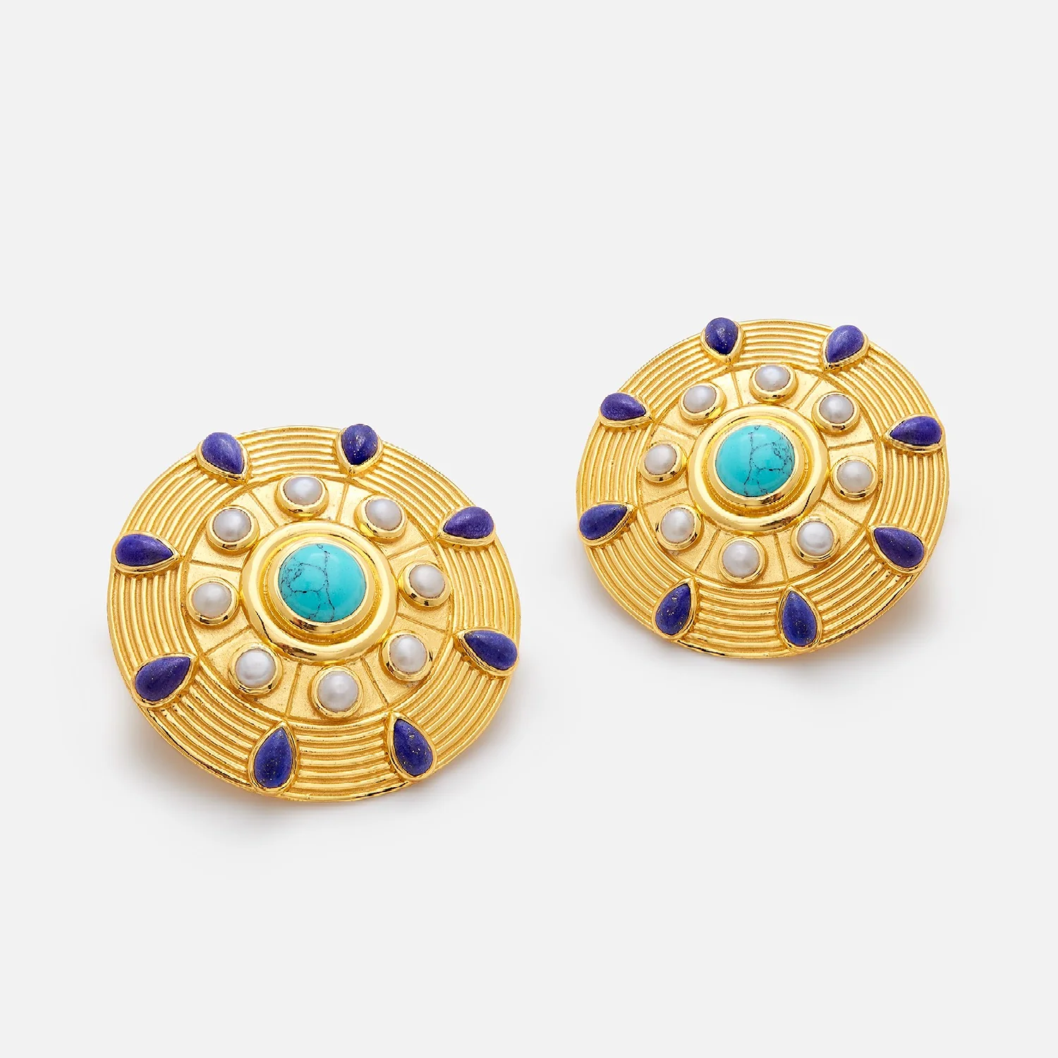 Amulet Earrings with Turquoise, Lapis & Pearl – 24K Gold-Plated Sterling Silver