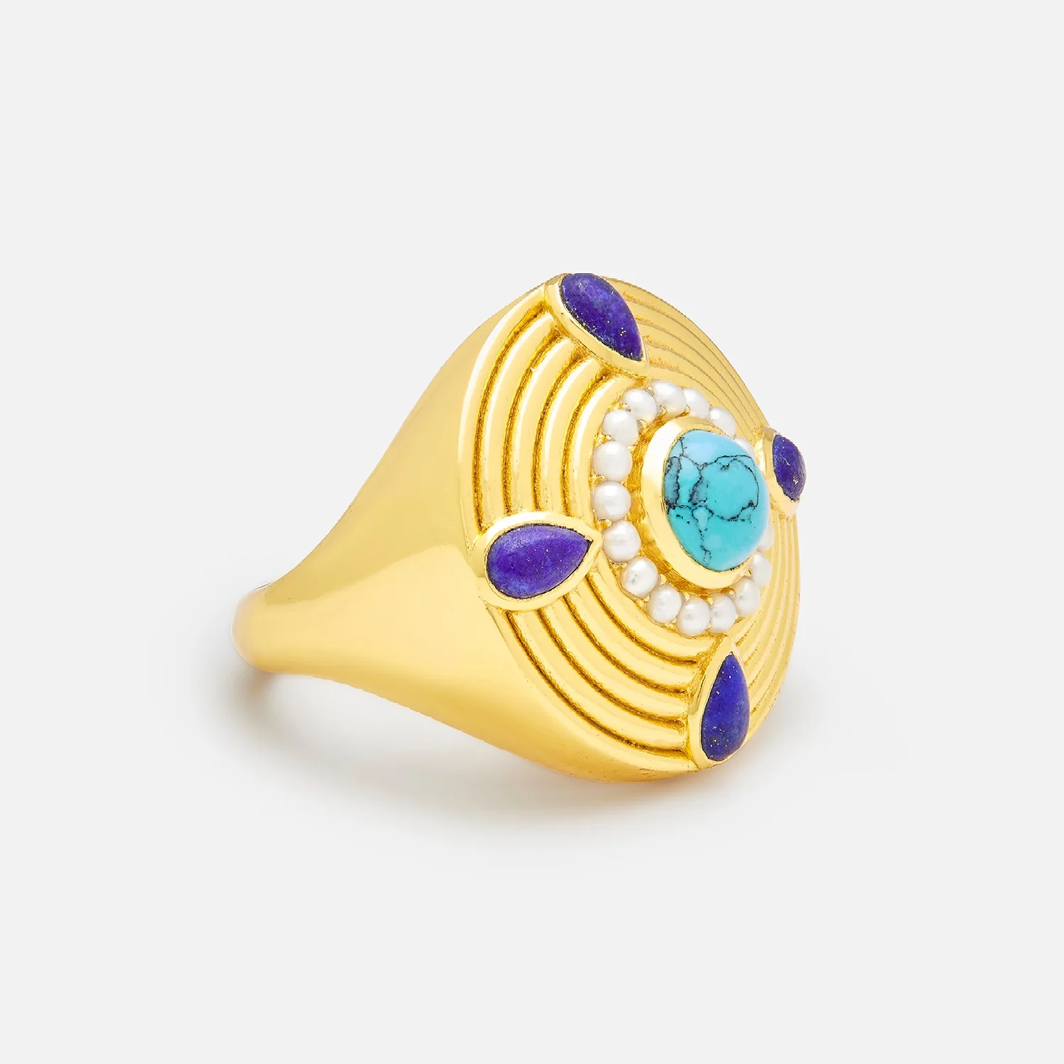 Nila Amulet with Turquoise, Lapis & Pearl – 24K Gold-Plated Sterling Silver