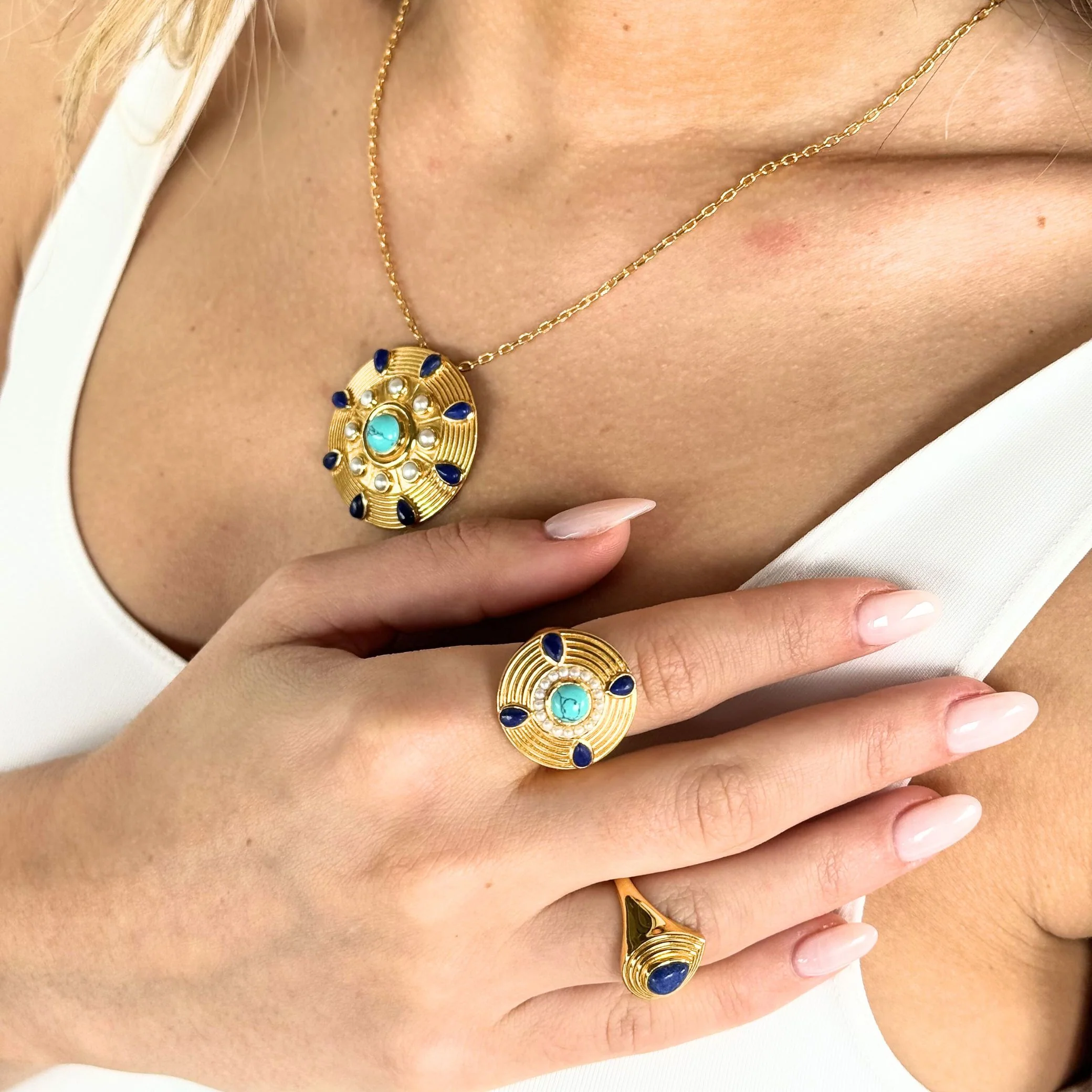 Nila Amulet with Turquoise, Lapis & Pearl – 24K Gold-Plated Sterling Silver