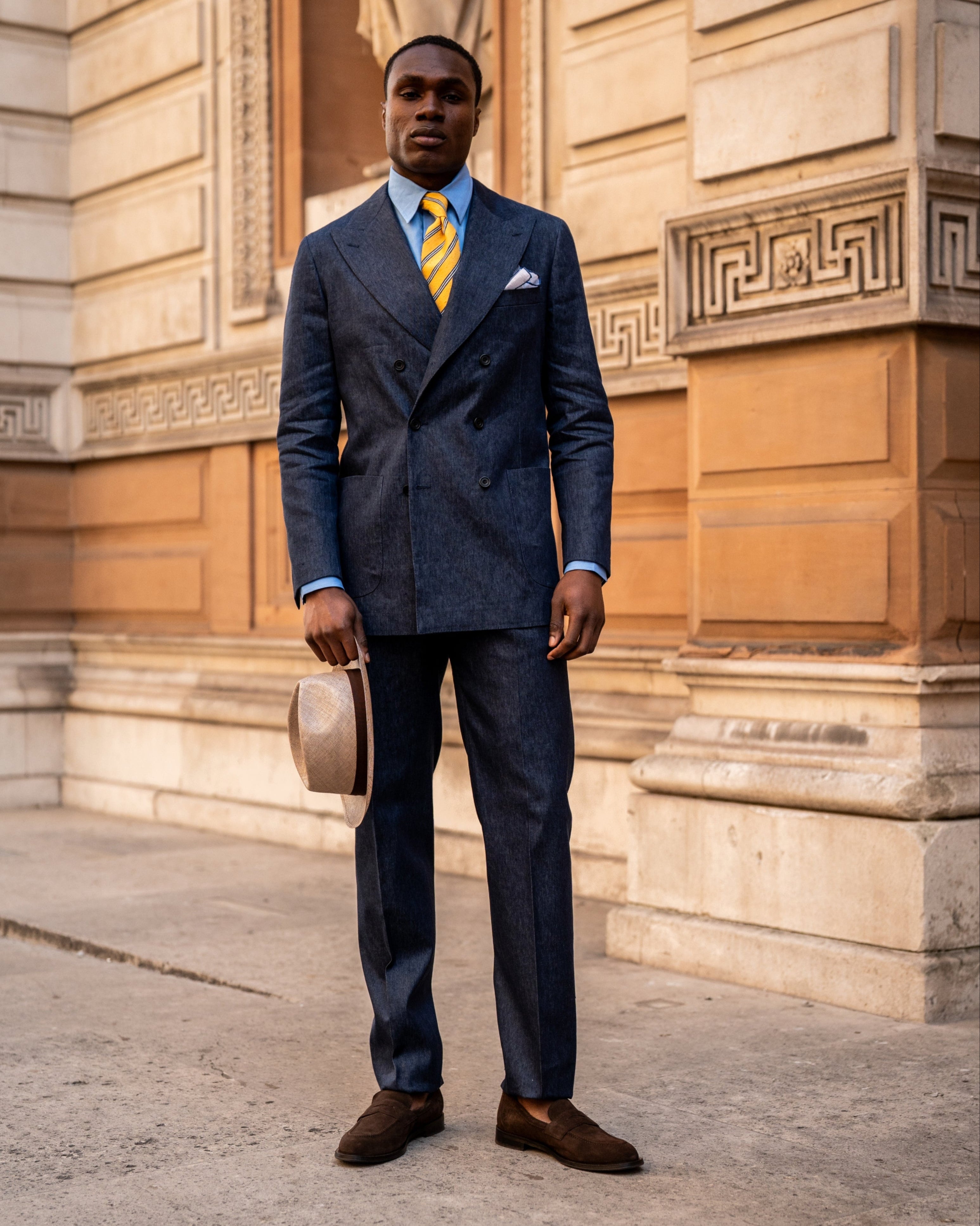 Side profile of the linen suit