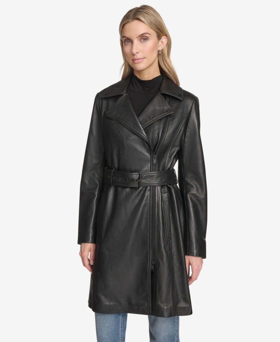 Jacqui Moto Style Leather Trench Coat