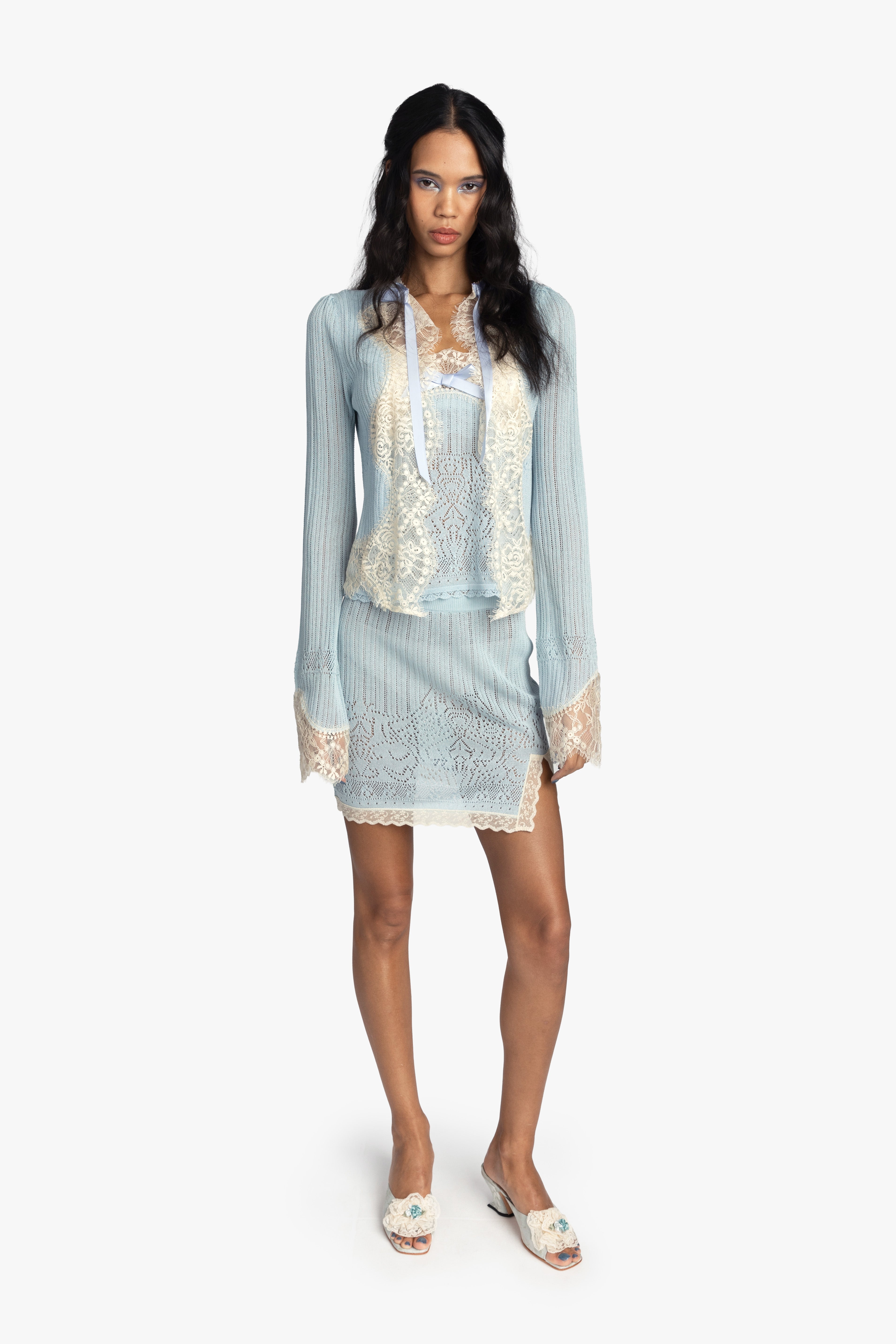 Lingerie Lace Knit Cardigan - Sky Blue detail 3