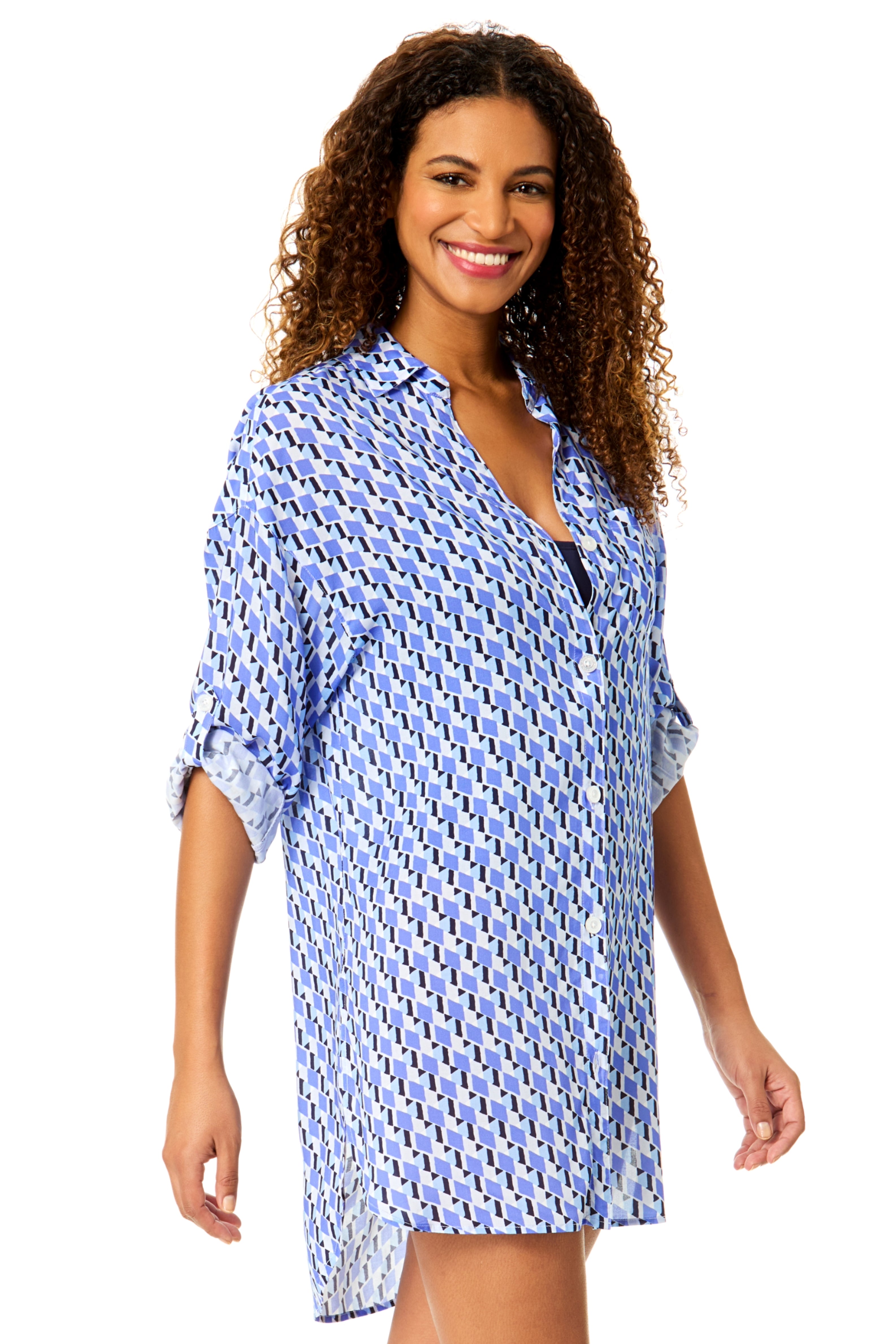 Walking view of the relaxed shirt silhouette