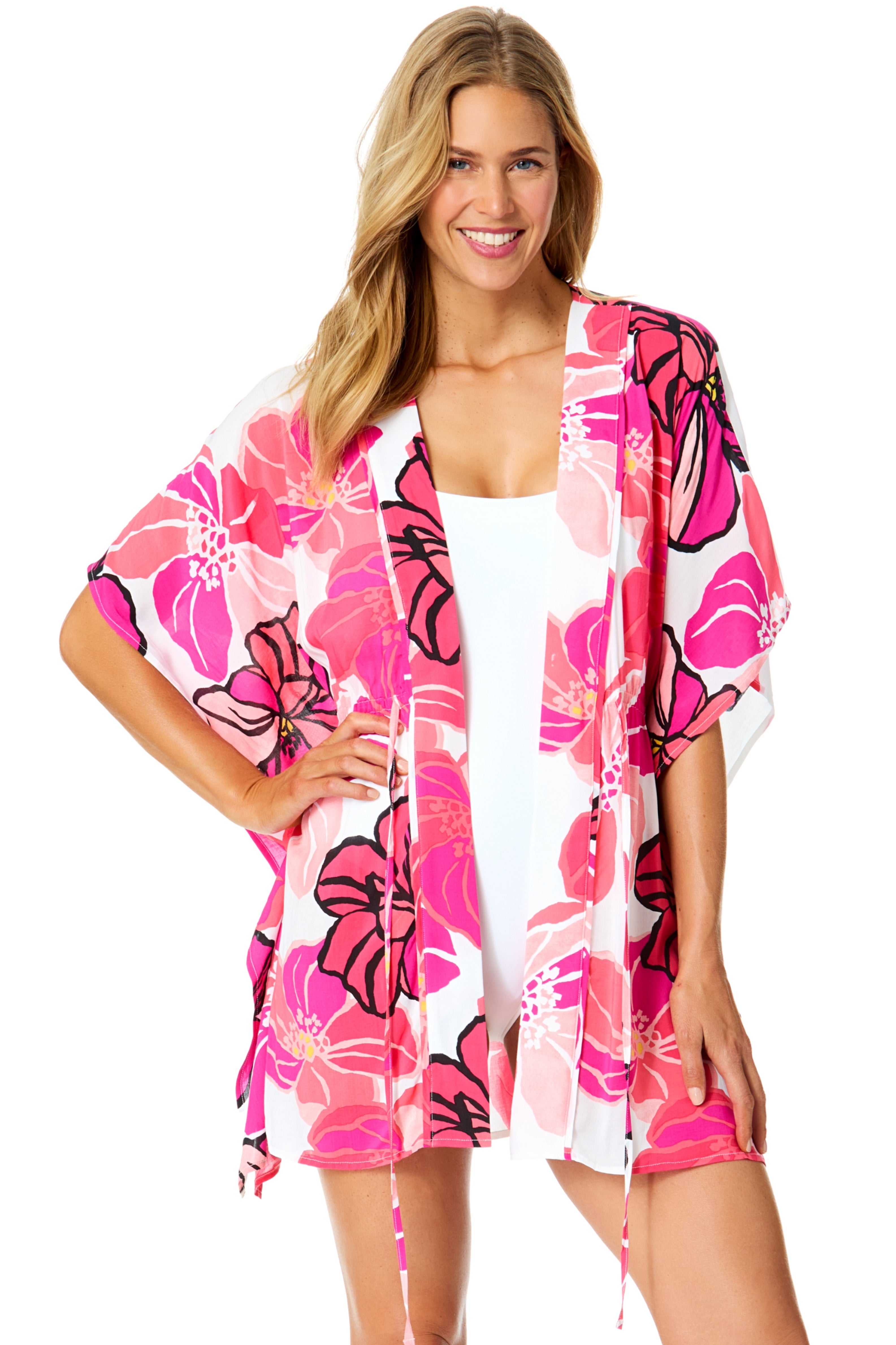 Open-front styling over a swimsuit