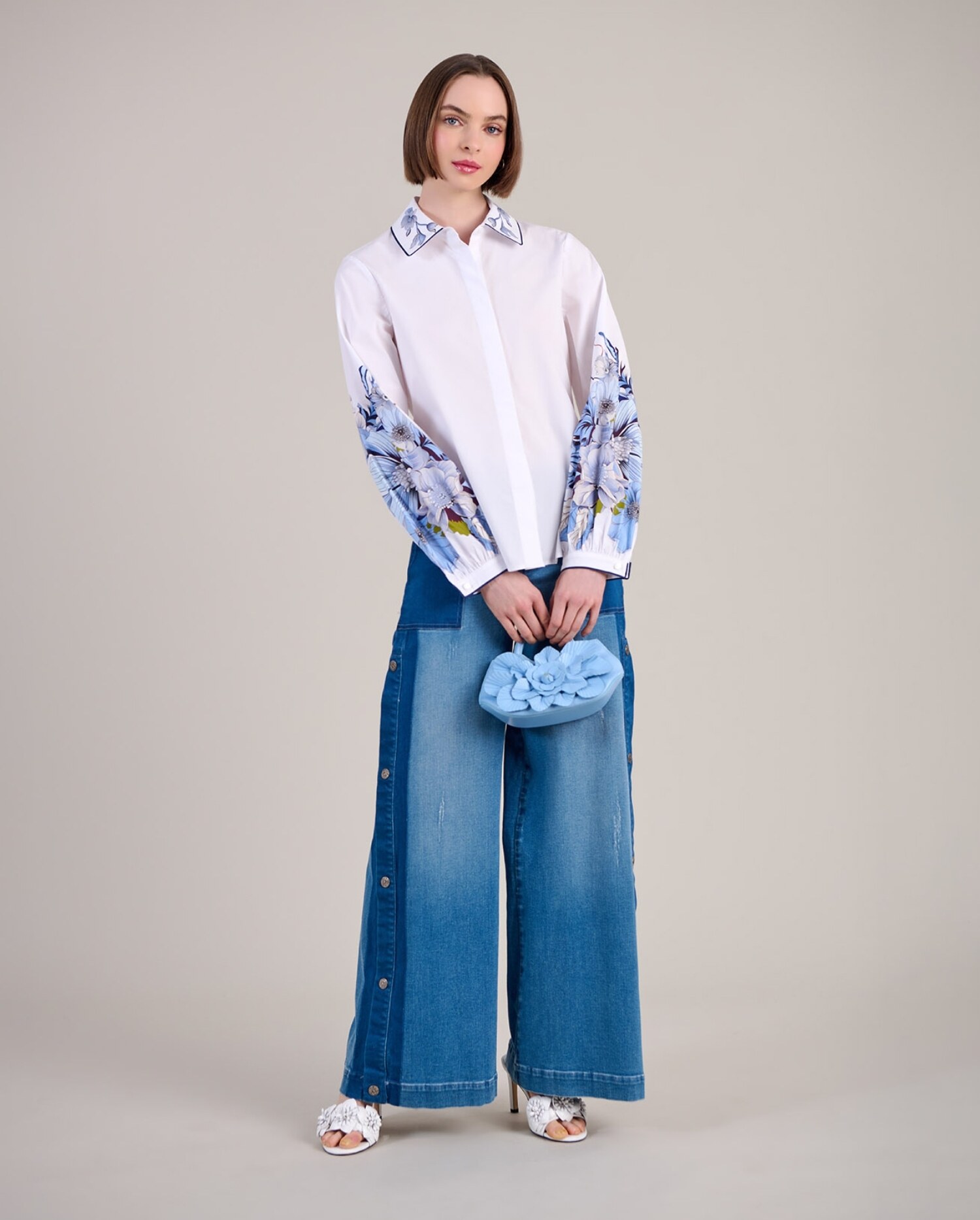 full-length styling with wide denim